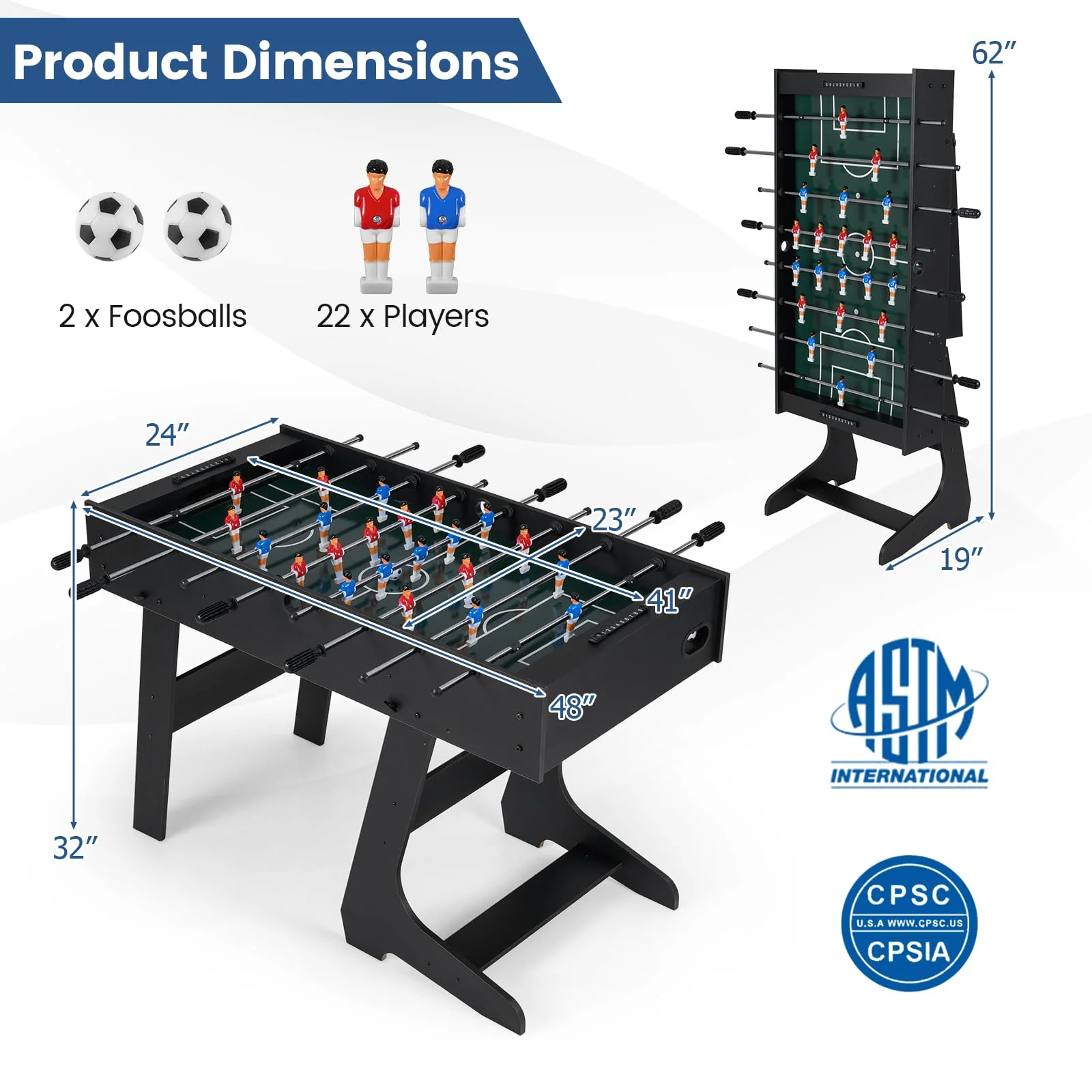 Goplus 48inch Full Competition Size Freestanding Soccer Game Table with 22 Players 2 Balls - Image 7