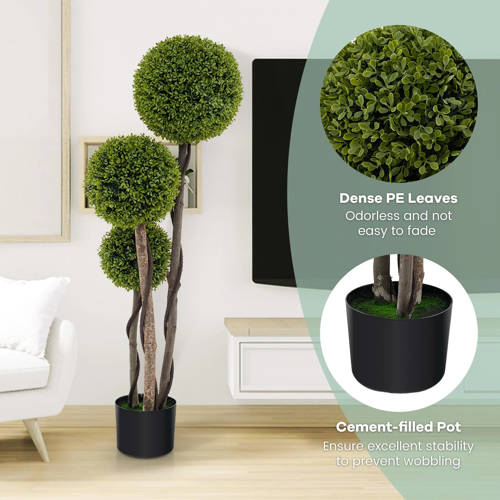 Goplus 4ft Artificial Boxwood Topiary Ball Tree, Faux Potted Plants Cypress Tree in Weighted Pot with Triple Ball - Image 3