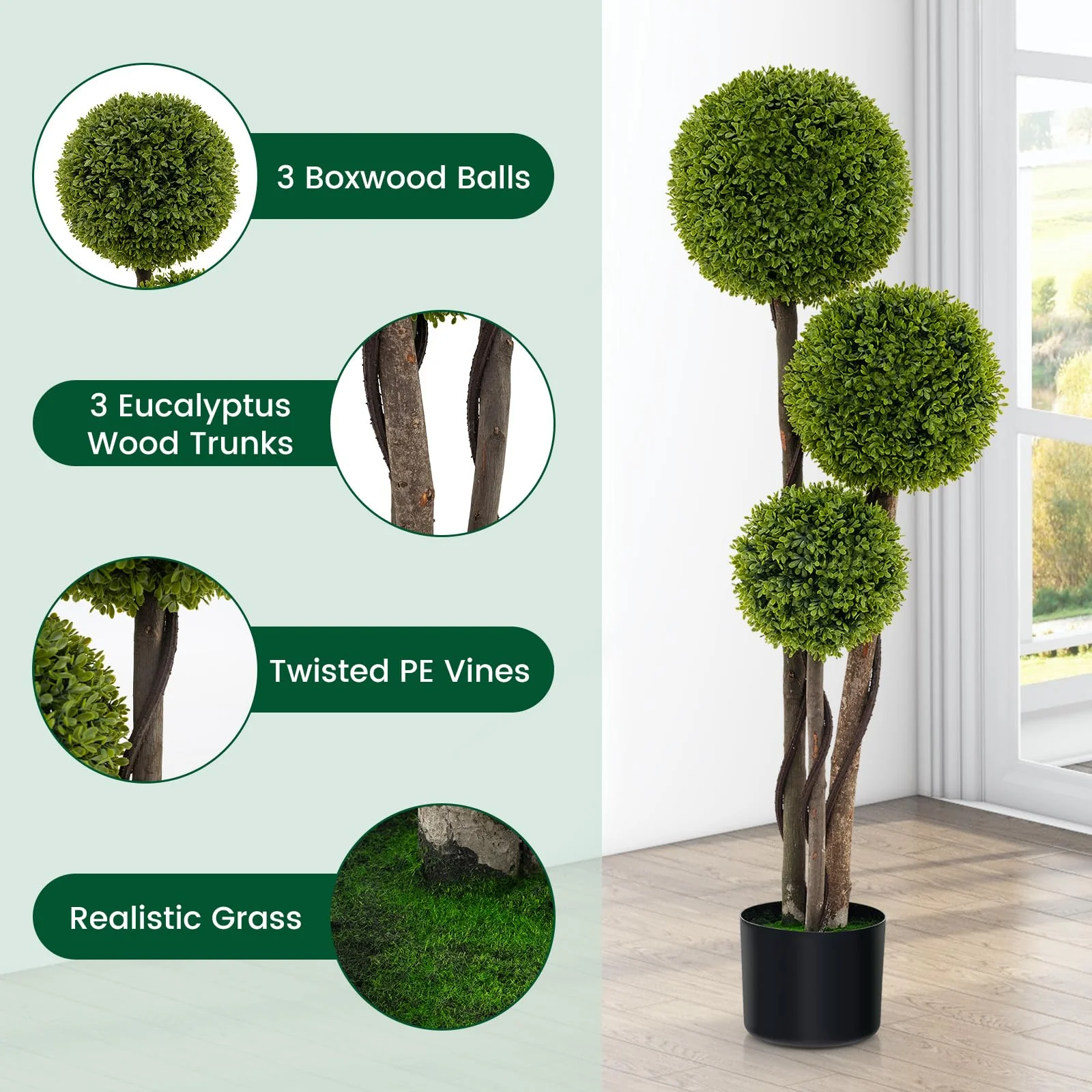 Goplus 4ft Artificial Boxwood Topiary Ball Tree, Faux Potted Plants Cypress Tree in Weighted Pot with Triple Ball - Image 4