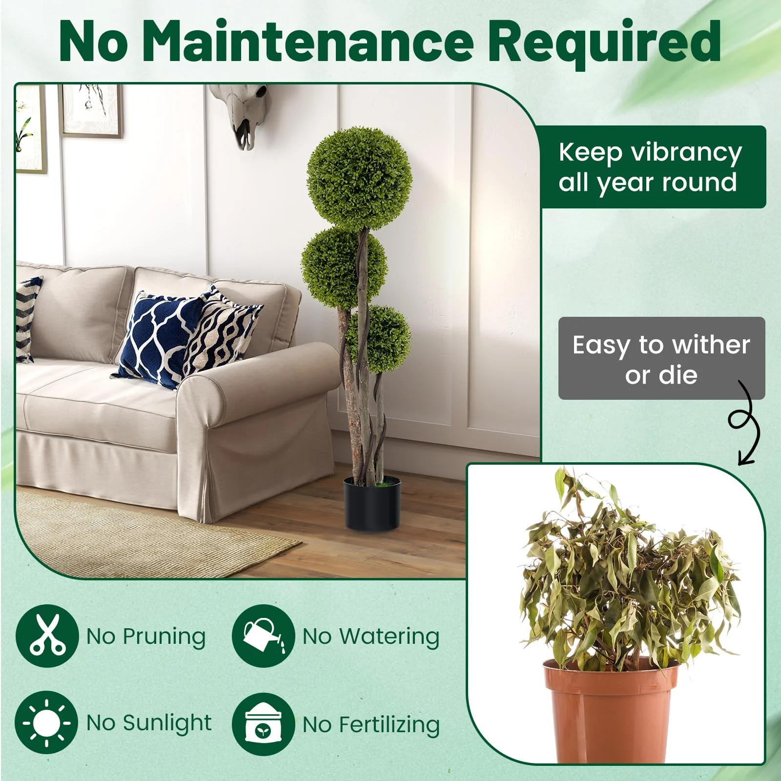 Goplus 4ft Artificial Boxwood Topiary Ball Tree, Faux Potted Plants Cypress Tree in Weighted Pot with Triple Ball - Image 5