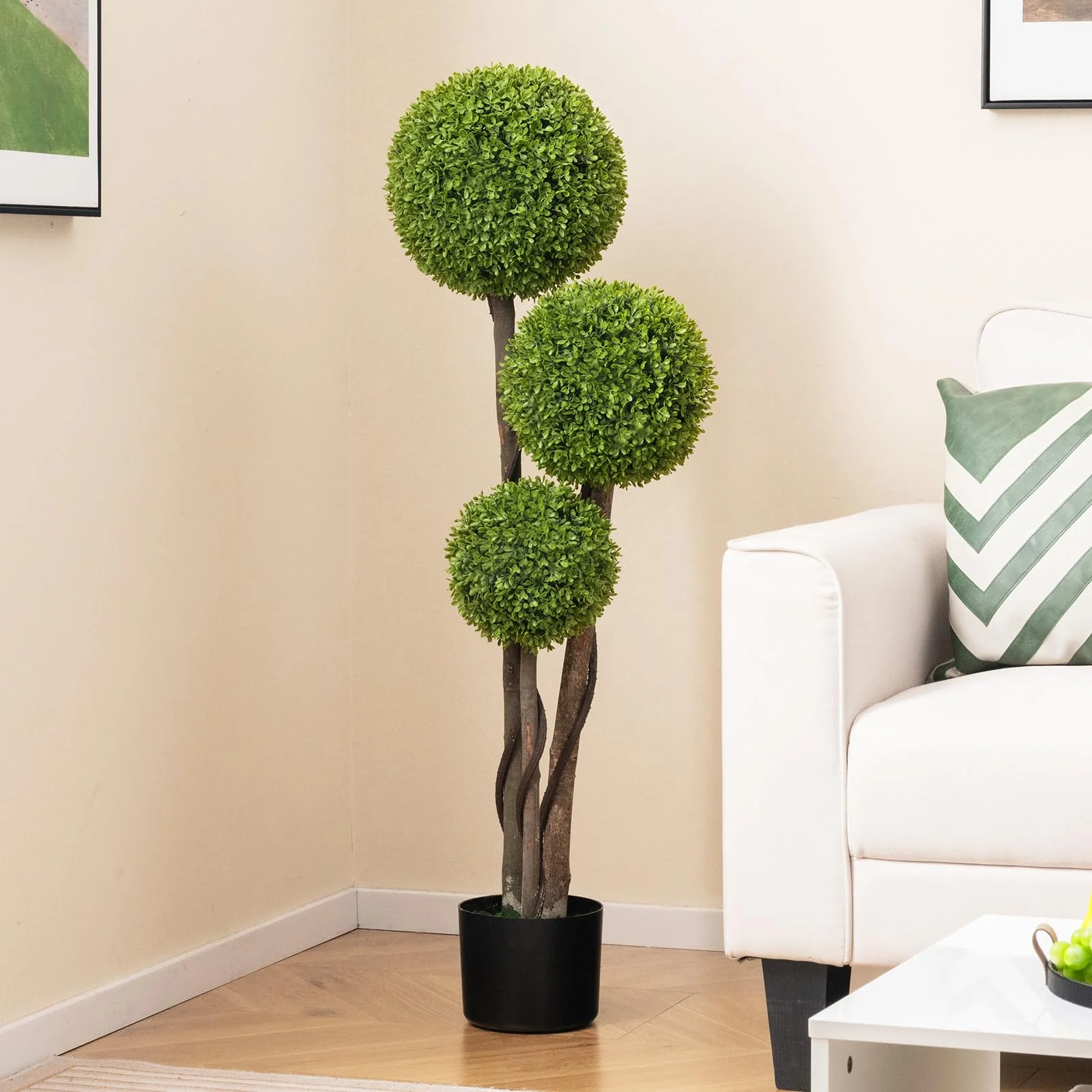 Goplus 4ft Artificial Boxwood Topiary Ball Tree, Faux Potted Plants Cypress Tree in Weighted Pot with Triple Ball - Image 8
