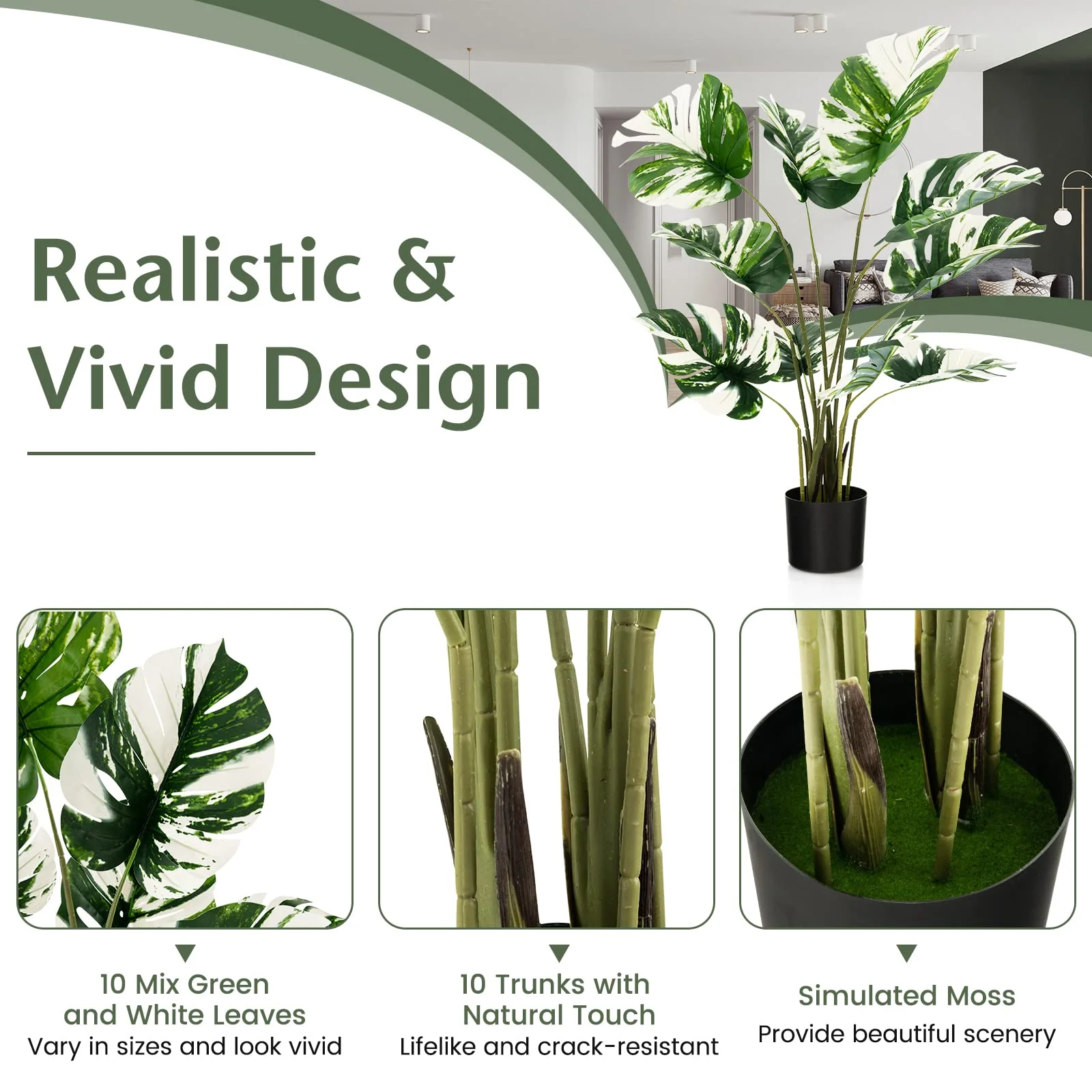 Goplus 4ft Artificial Monstera Deliciosa Plant, 2 Pack Tall Fake Tropical Palm Tree in Pot with 10 Decorative Split Leaves - Image 3