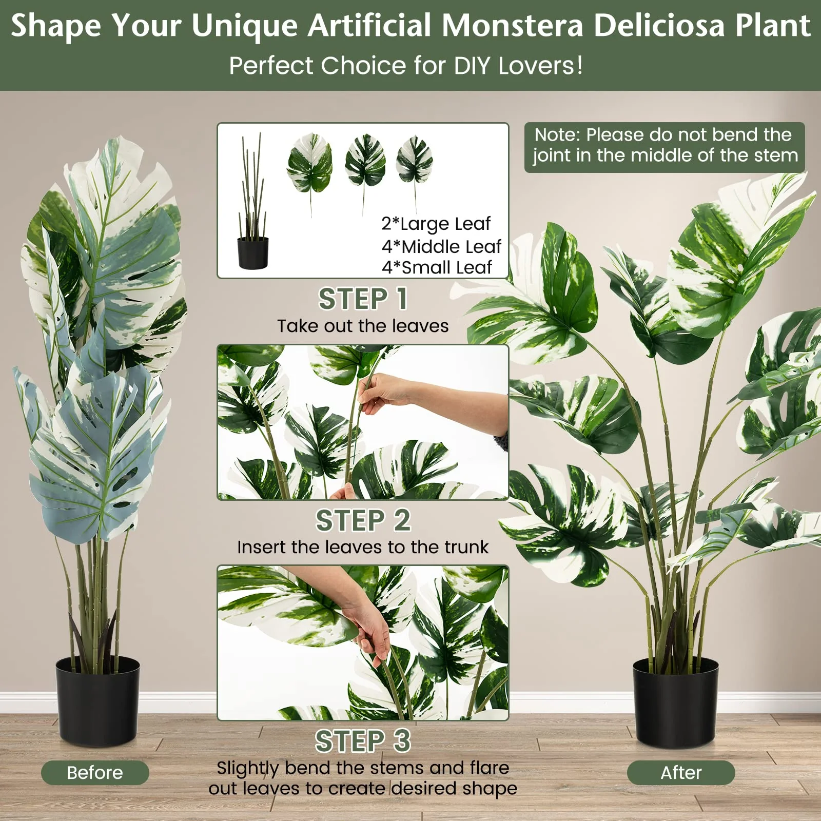 Goplus 4ft Artificial Monstera Deliciosa Plant, 2 Pack Tall Fake Tropical Palm Tree in Pot with 10 Decorative Split Leaves - Image 4