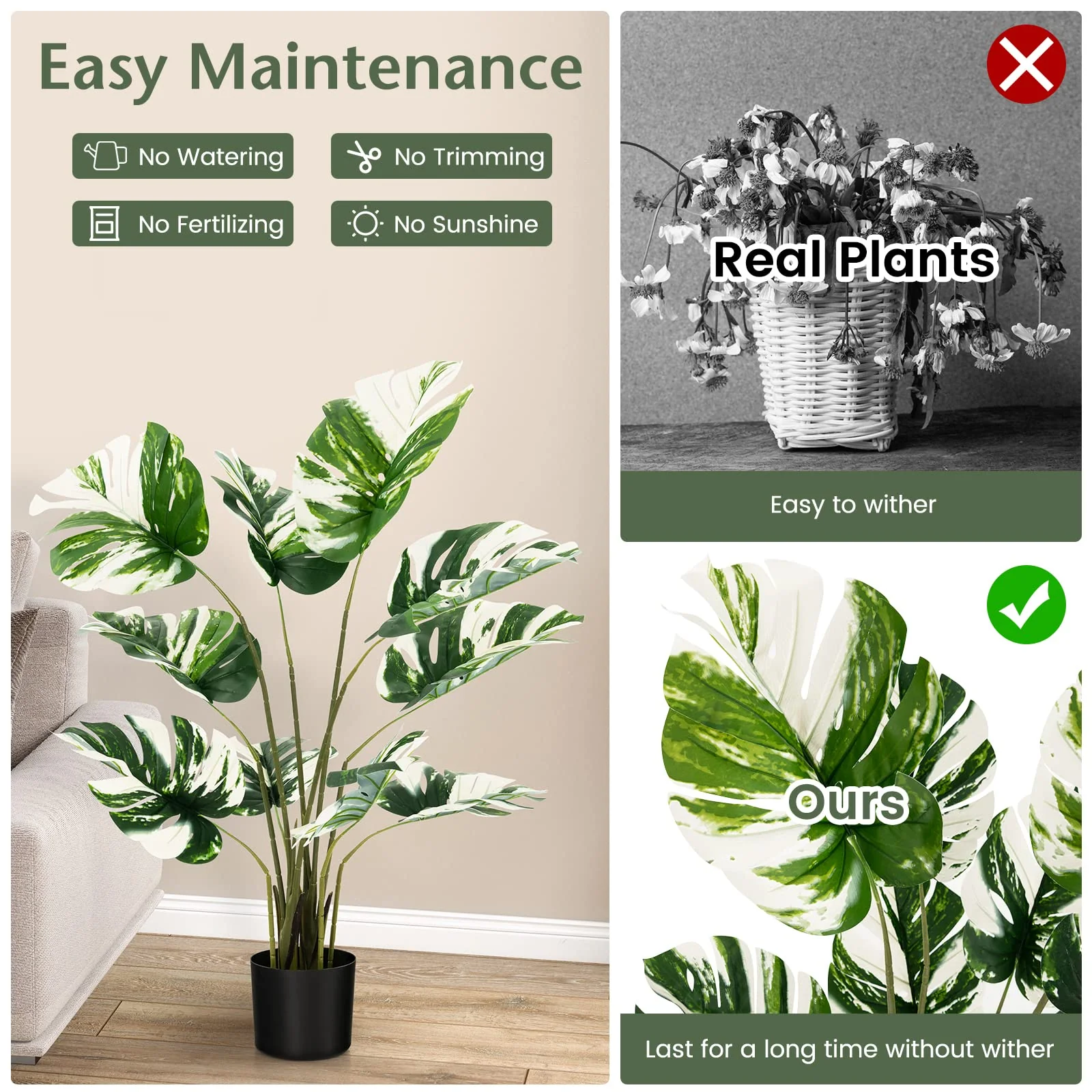 Goplus 4ft Artificial Monstera Deliciosa Plant, 2 Pack Tall Fake Tropical Palm Tree in Pot with 10 Decorative Split Leaves - Image 5