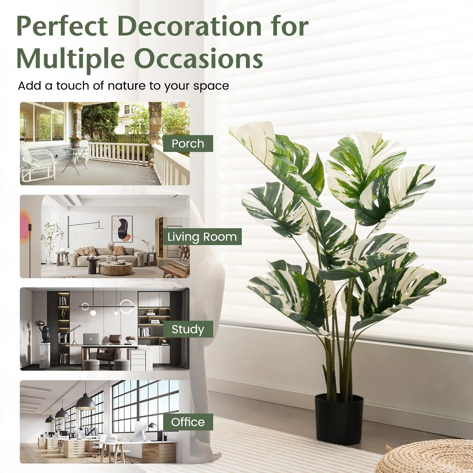 Goplus 4ft Artificial Monstera Deliciosa Plant, 2 Pack Tall Fake Tropical Palm Tree in Pot with 10 Decorative Split Leaves - Image 8