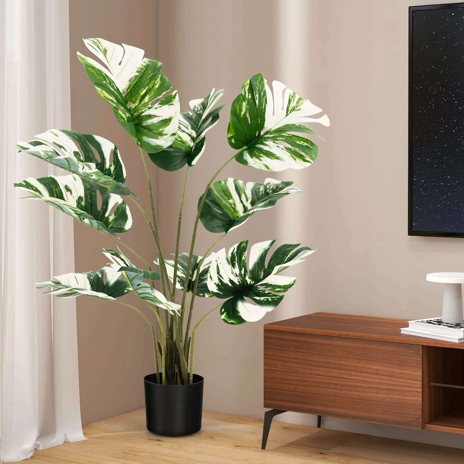 Goplus 4ft Artificial Monstera Deliciosa Plant, 2 Pack Tall Fake Tropical Palm Tree in Pot with 10 Decorative Split Leaves - Image 9
