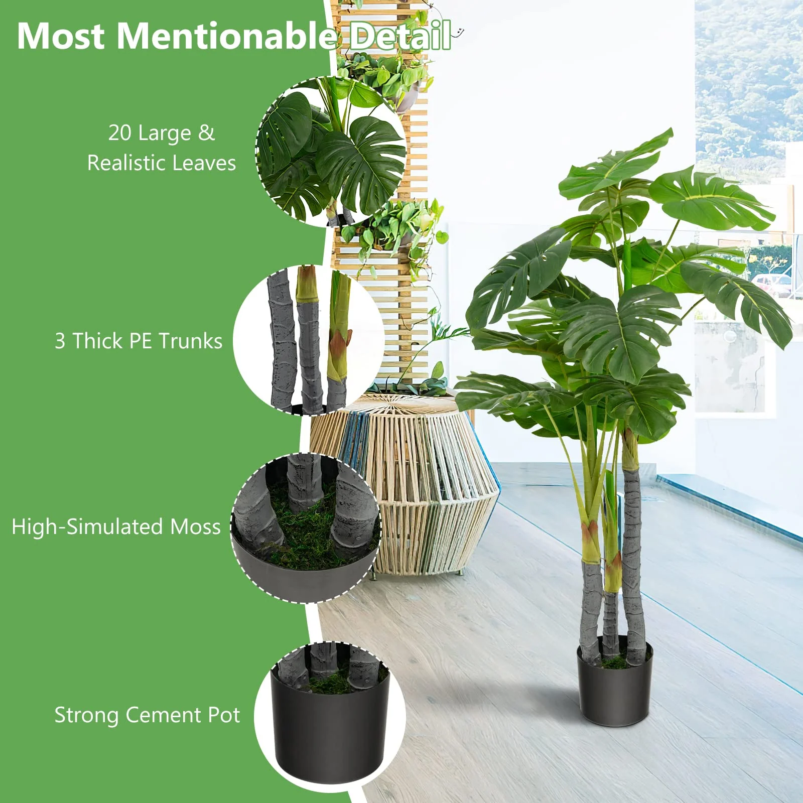 Goplus 4ft Artificial Monstera Deliciosa Plant, Fake Tropical Palm Tree with 20 Large Leaves - Image 4
