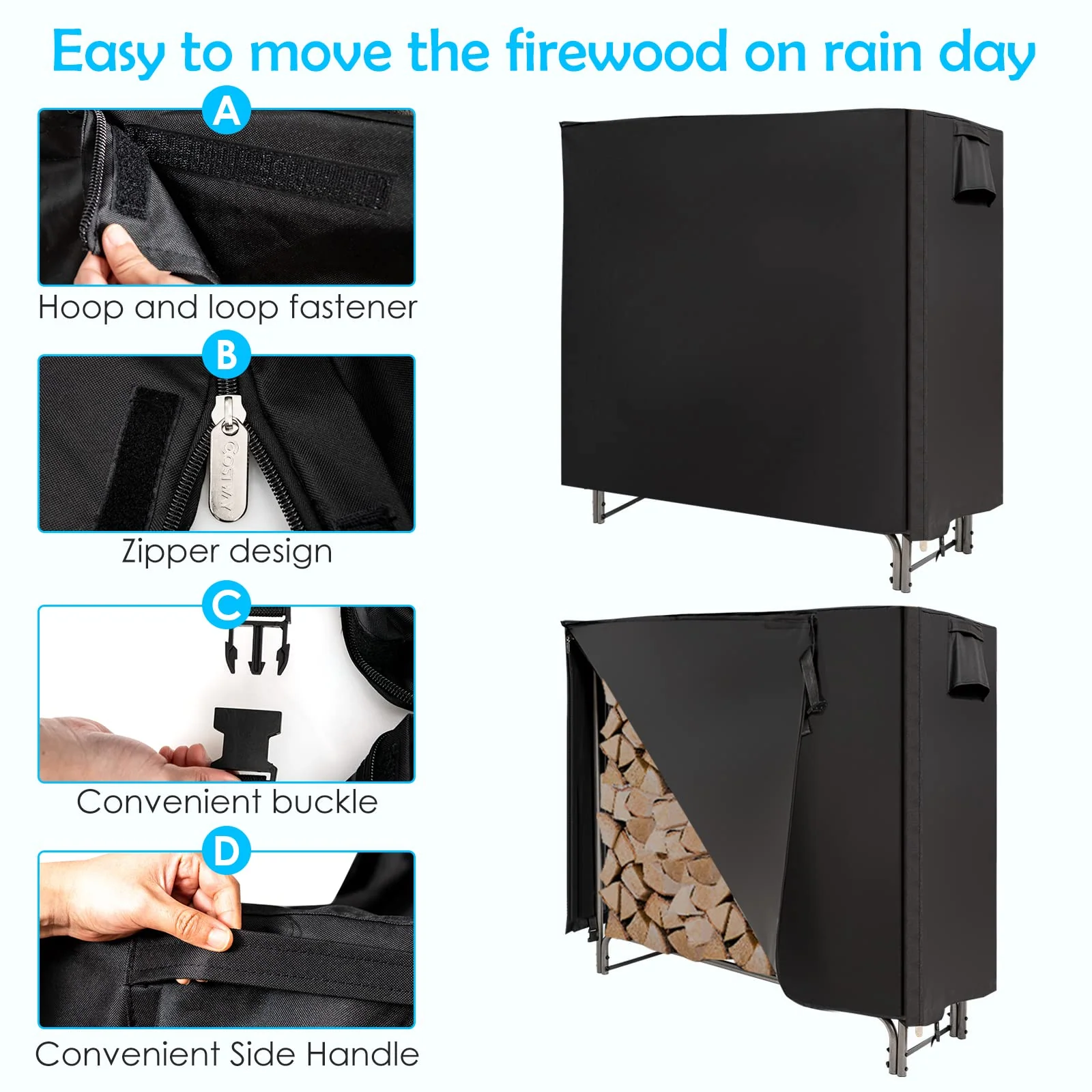 Goplus 4FT Firewood Rack Outdoor with Cover, Heavy Duty Firewood Log Holder - Image 4
