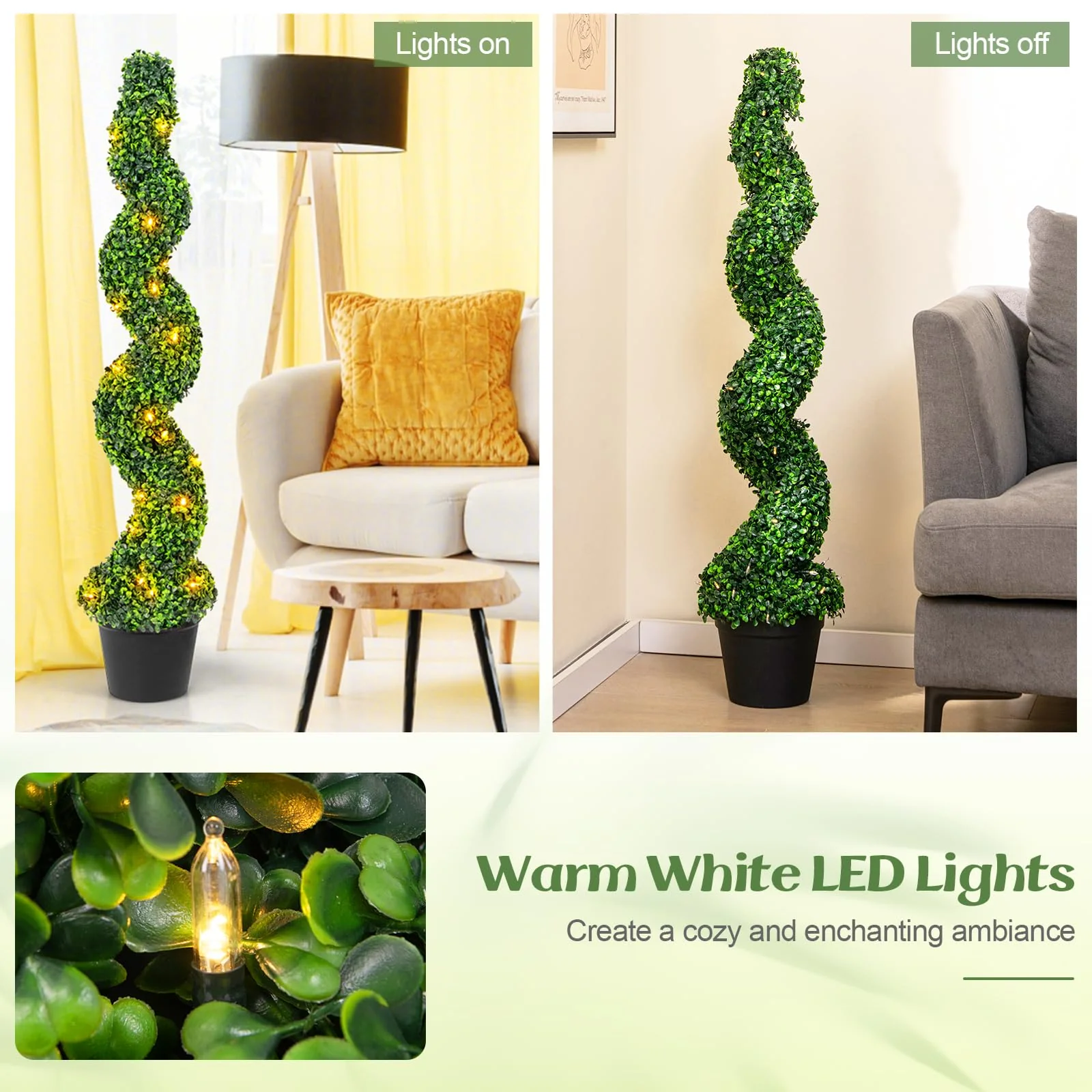 Goplus 4FT Pre-Lit Artificial Spiral Boxwood Topiary Tree w/ 100 LED Lights, Nursery Pot, Indoor Outdoor Home Front Porch Holiday Decoration - Image 2