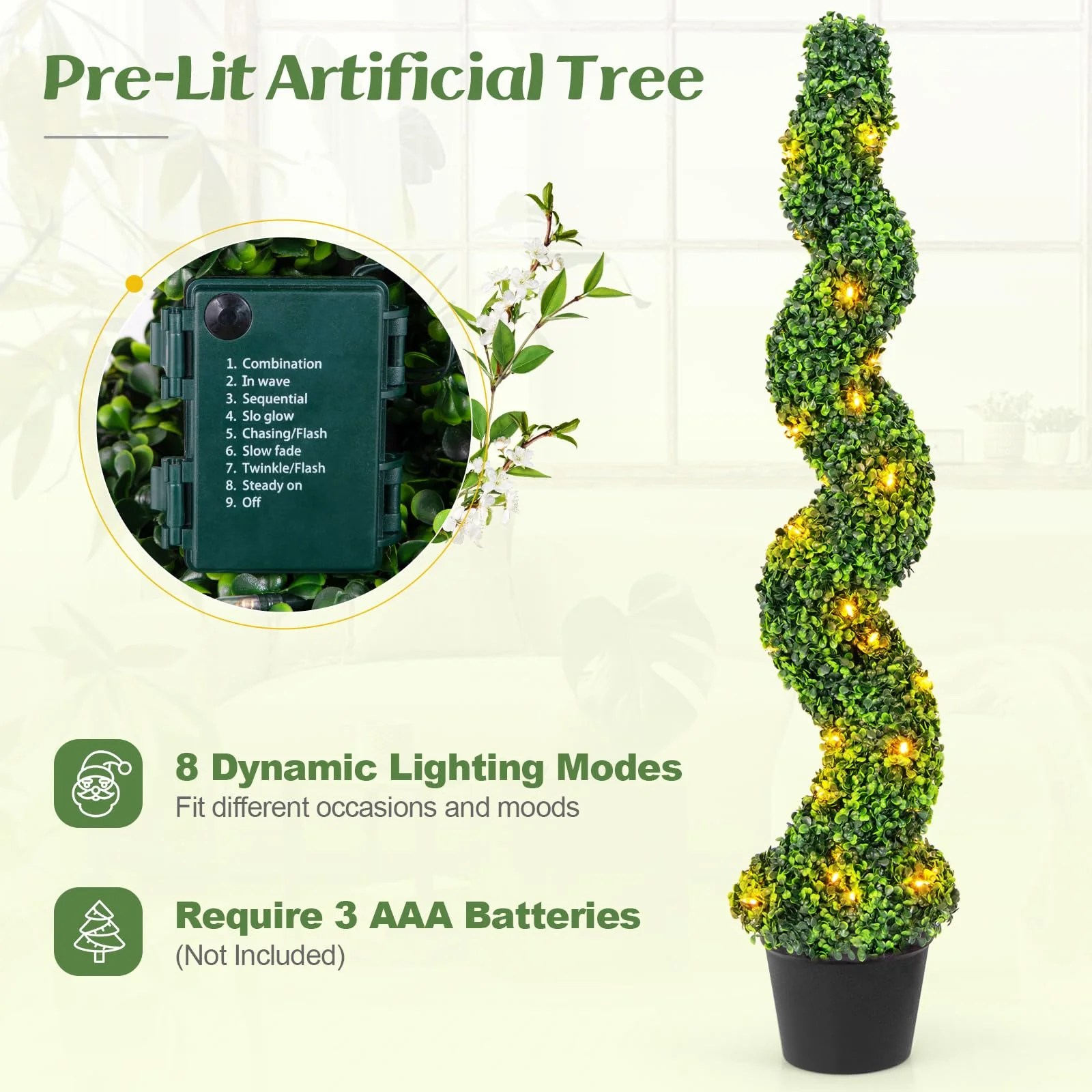 Goplus 4FT Pre-Lit Artificial Spiral Boxwood Topiary Tree w/ 100 LED Lights, Nursery Pot, Indoor Outdoor Home Front Porch Holiday Decoration - Image 3
