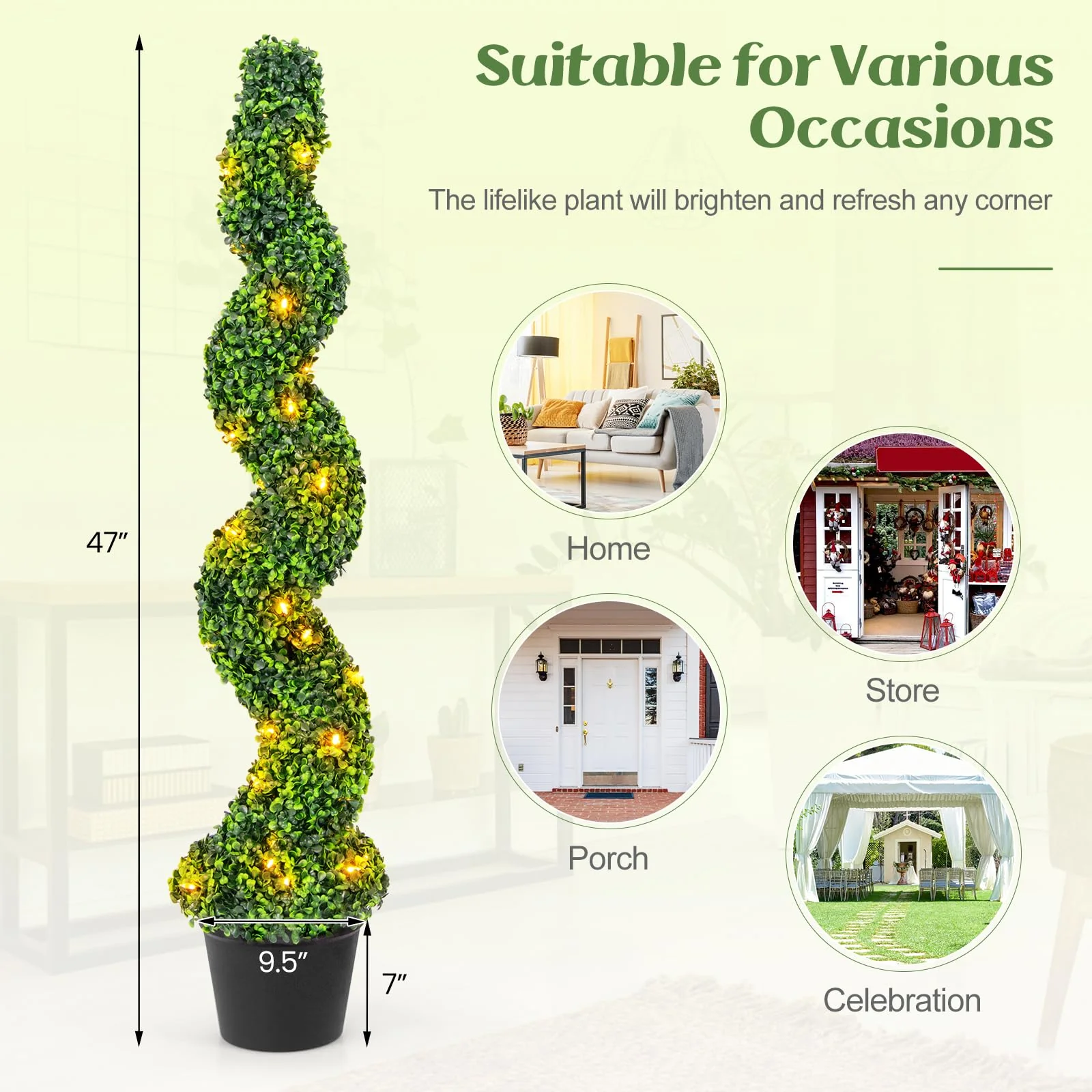Goplus 4FT Pre-Lit Artificial Spiral Boxwood Topiary Tree w/ 100 LED Lights, Nursery Pot, Indoor Outdoor Home Front Porch Holiday Decoration - Image 7