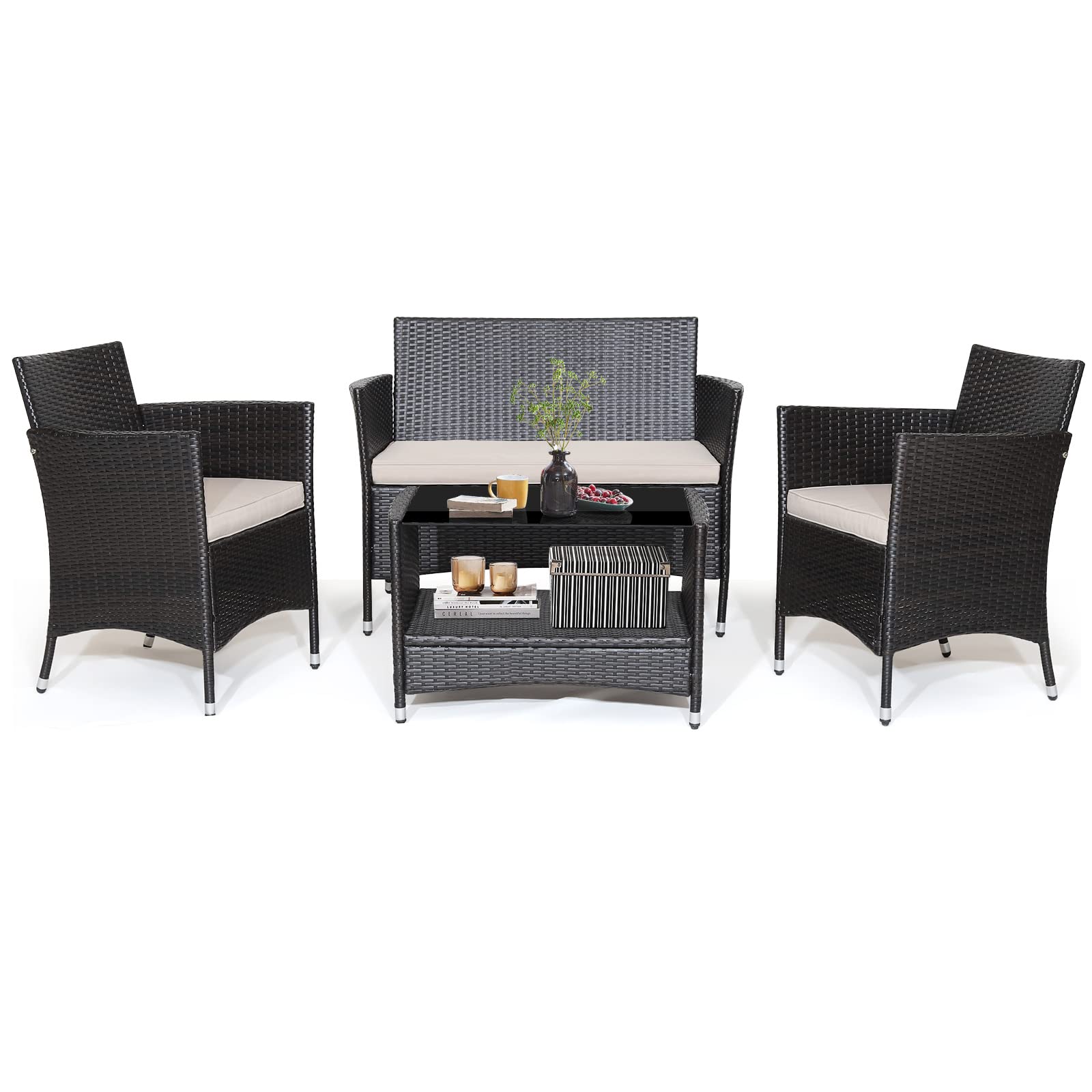 Goplus 4PCS Patio Rattan Furniture Set Armrest Cushion Sofa Coffee Table W/Shelf Garden - Image 2