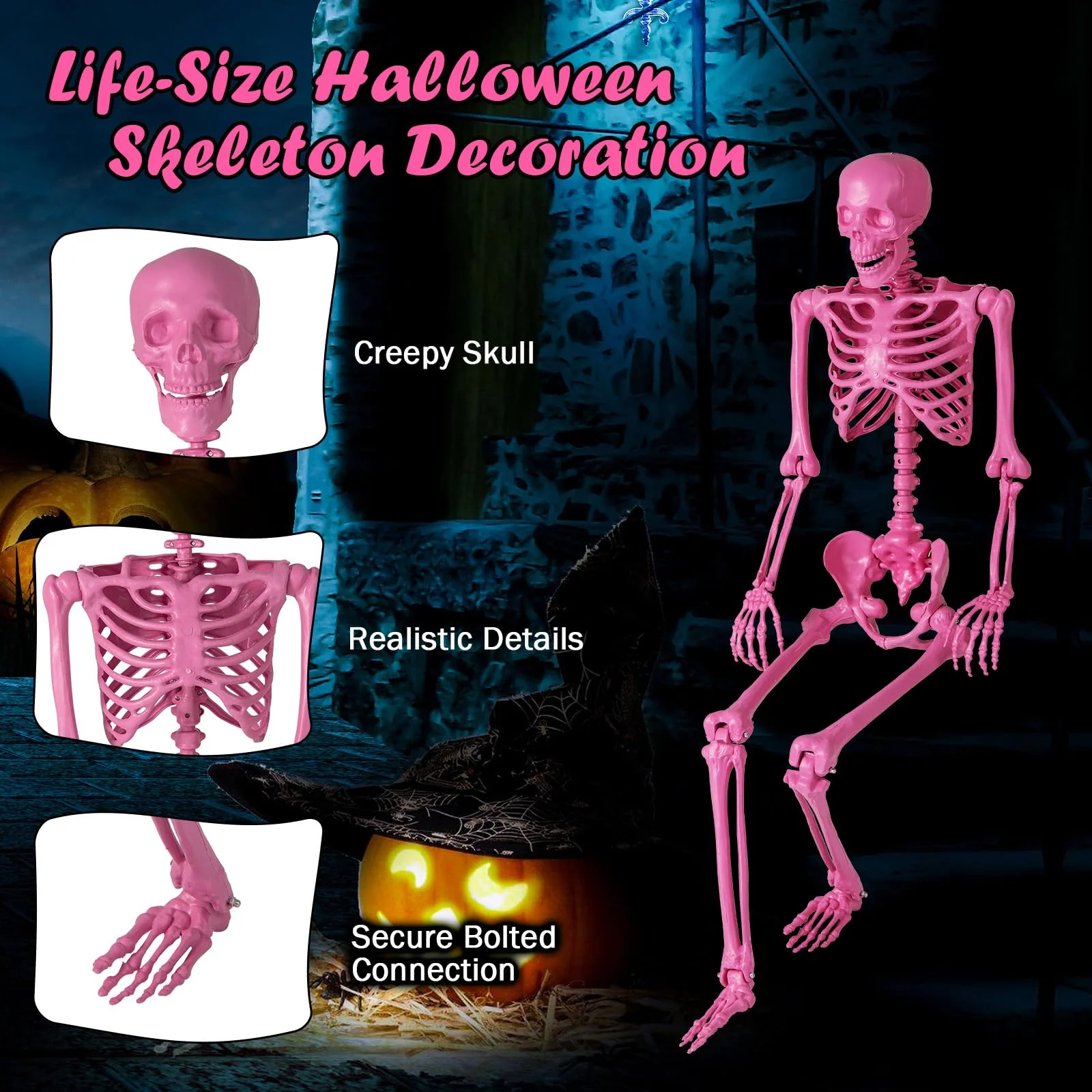 Goplus 5.5 FT Halloween Pink Skeleton Life-Size Poseable Skeleton with Movable Joints - Image 4