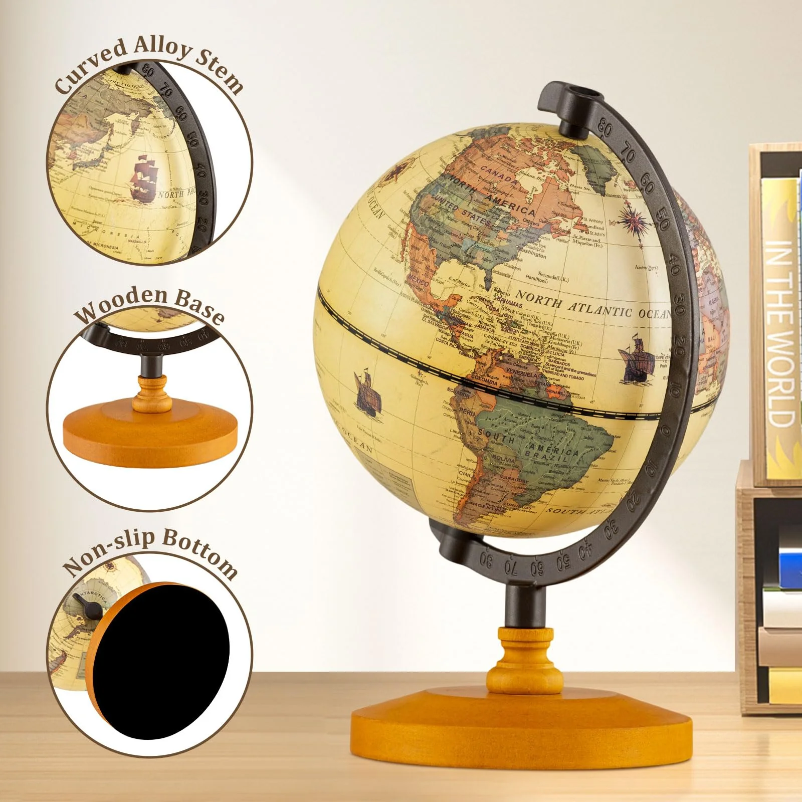 Goplus 5.5-Inch Mini Antique World Globes w/Curved Alloy Stem - Image 3