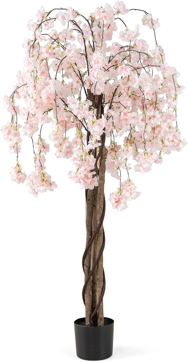 Goplus 5.5FT Artificial Cherry Blossom Tree Faux Floral Plant Blooming Tree in Nursery Pot - Image 11