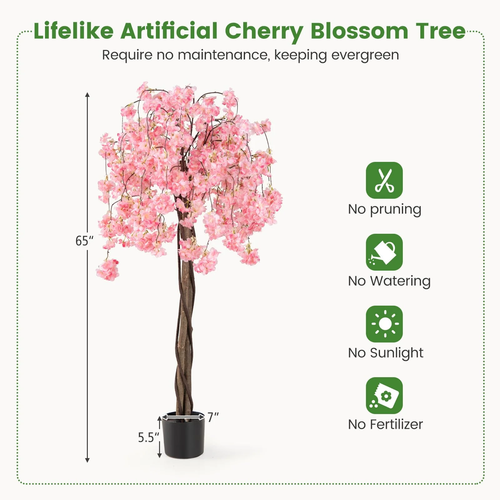 Goplus 5.5FT Artificial Cherry Blossom Tree Faux Floral Plant Blooming Tree in Nursery Pot - Image 7