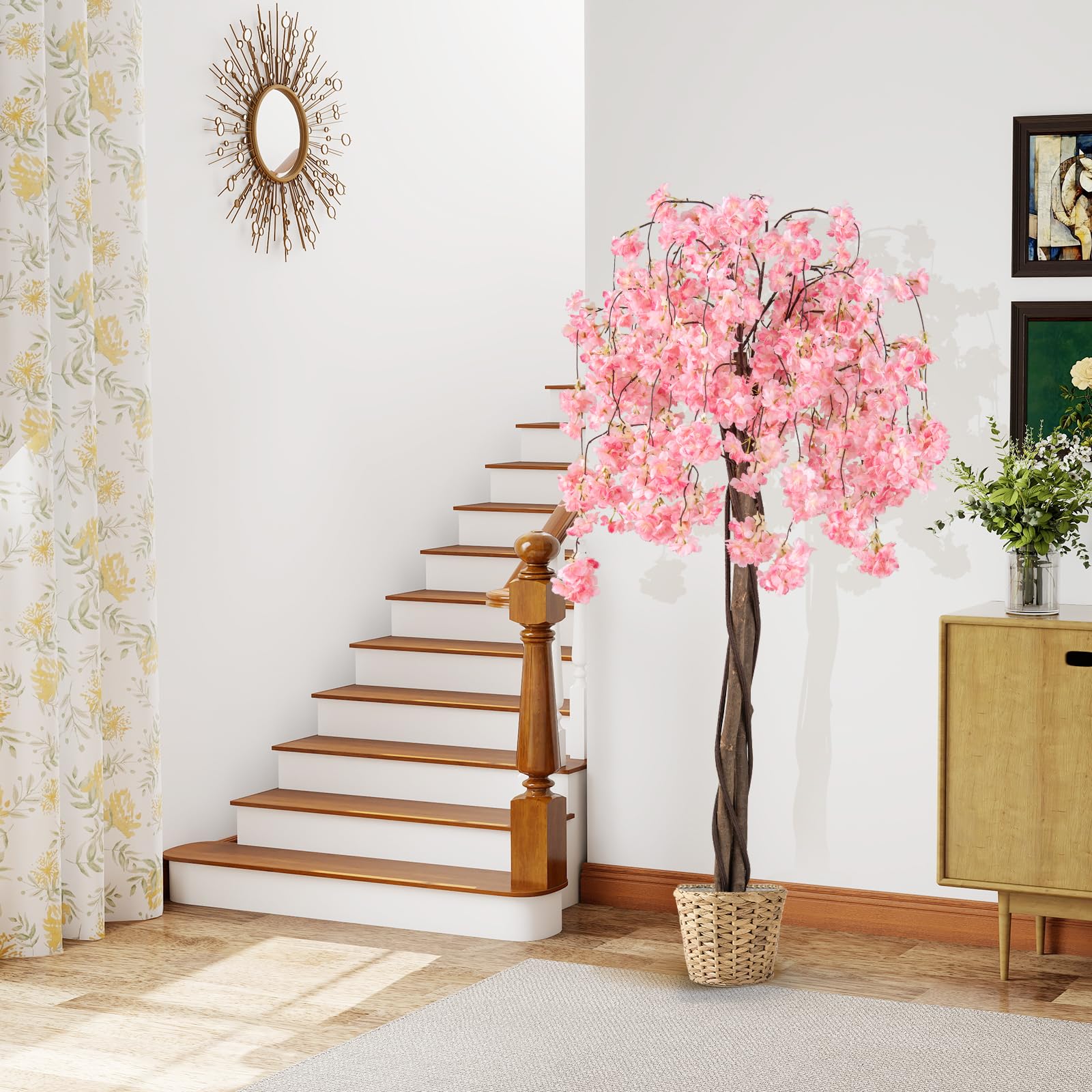 Goplus 5.5FT Artificial Cherry Blossom Tree Faux Floral Plant Blooming Tree in Nursery Pot - Image 8
