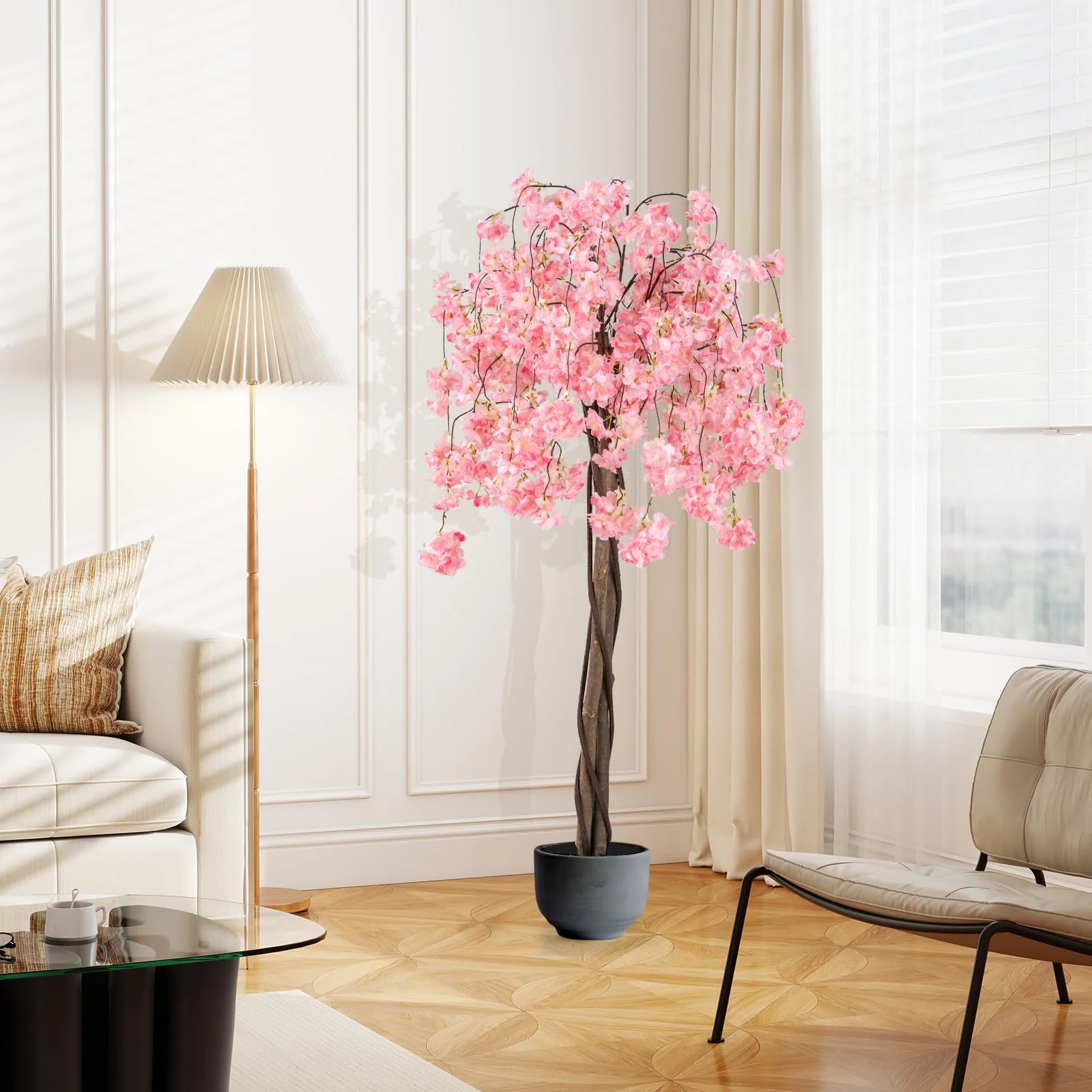 Goplus 5.5FT Artificial Cherry Blossom Tree Faux Floral Plant Blooming Tree in Nursery Pot - Image 9