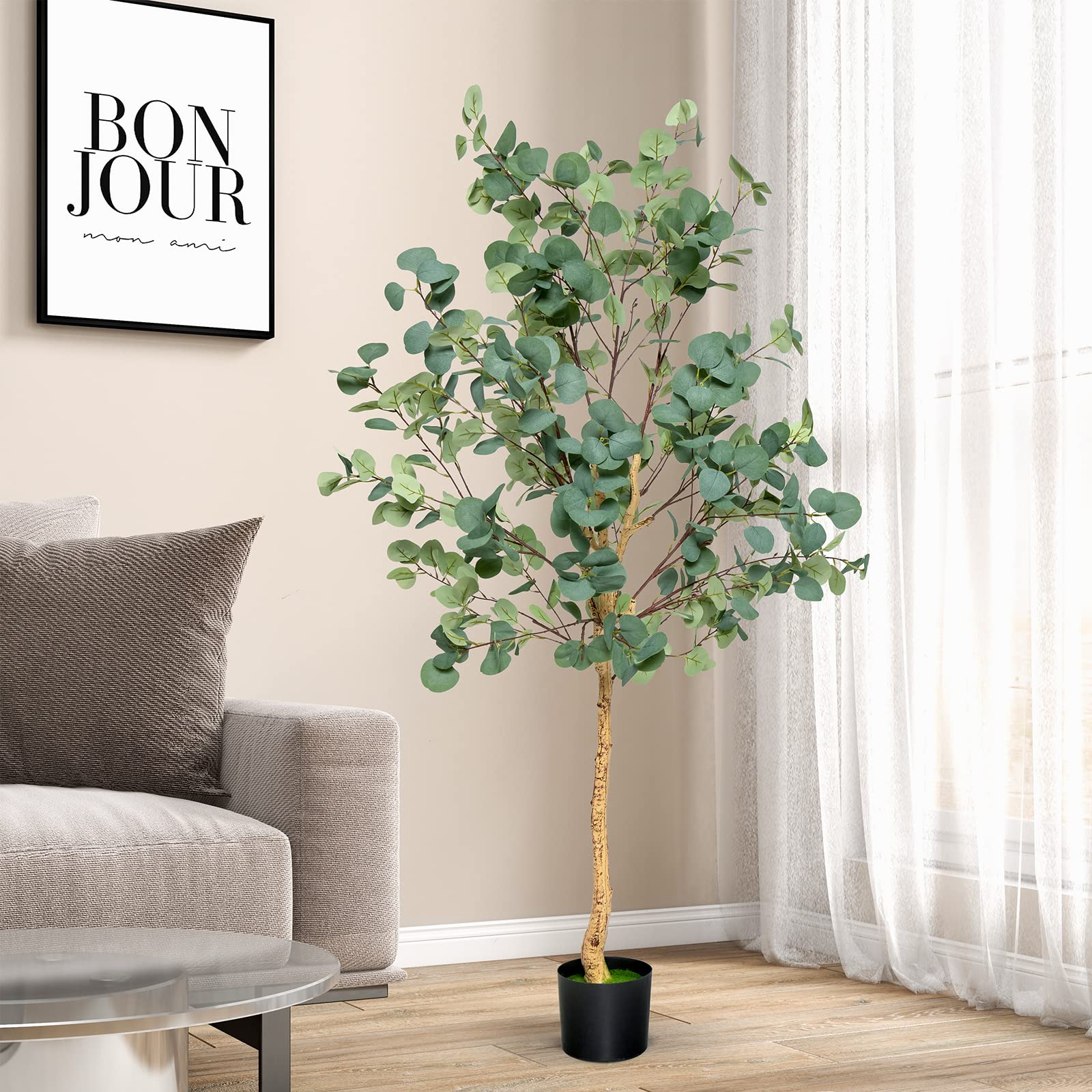 Goplus 5.5ft Artificial Eucalyptus Tree, Tall Faux Eucalyptus Stems Fake Plants in Pot with 517 Silver Dollar Leaves - Image 2