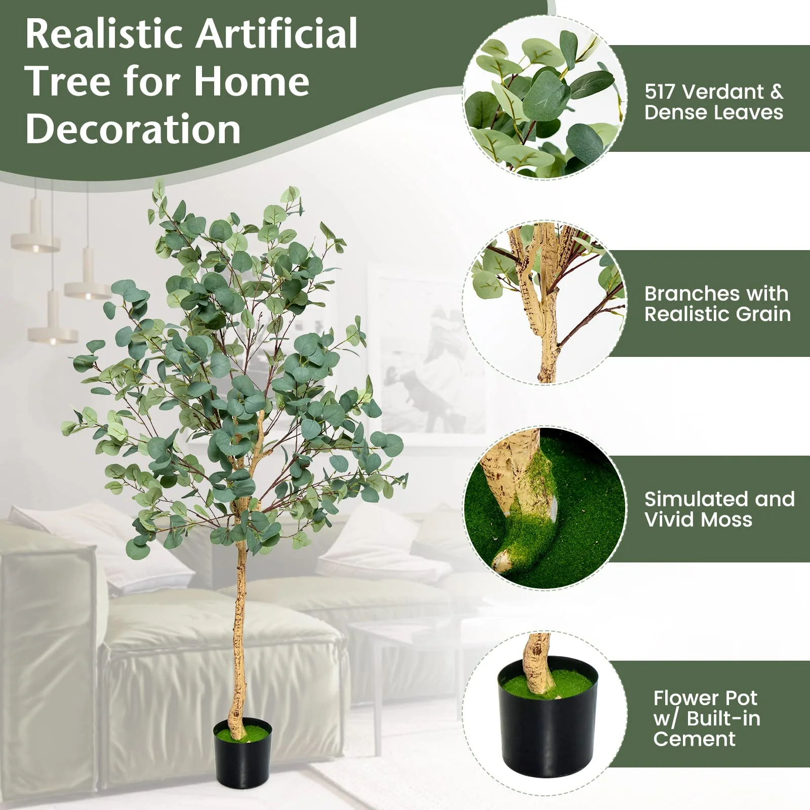 Goplus 5.5ft Artificial Eucalyptus Tree, Tall Faux Eucalyptus Stems Fake Plants in Pot with 517 Silver Dollar Leaves - Image 3