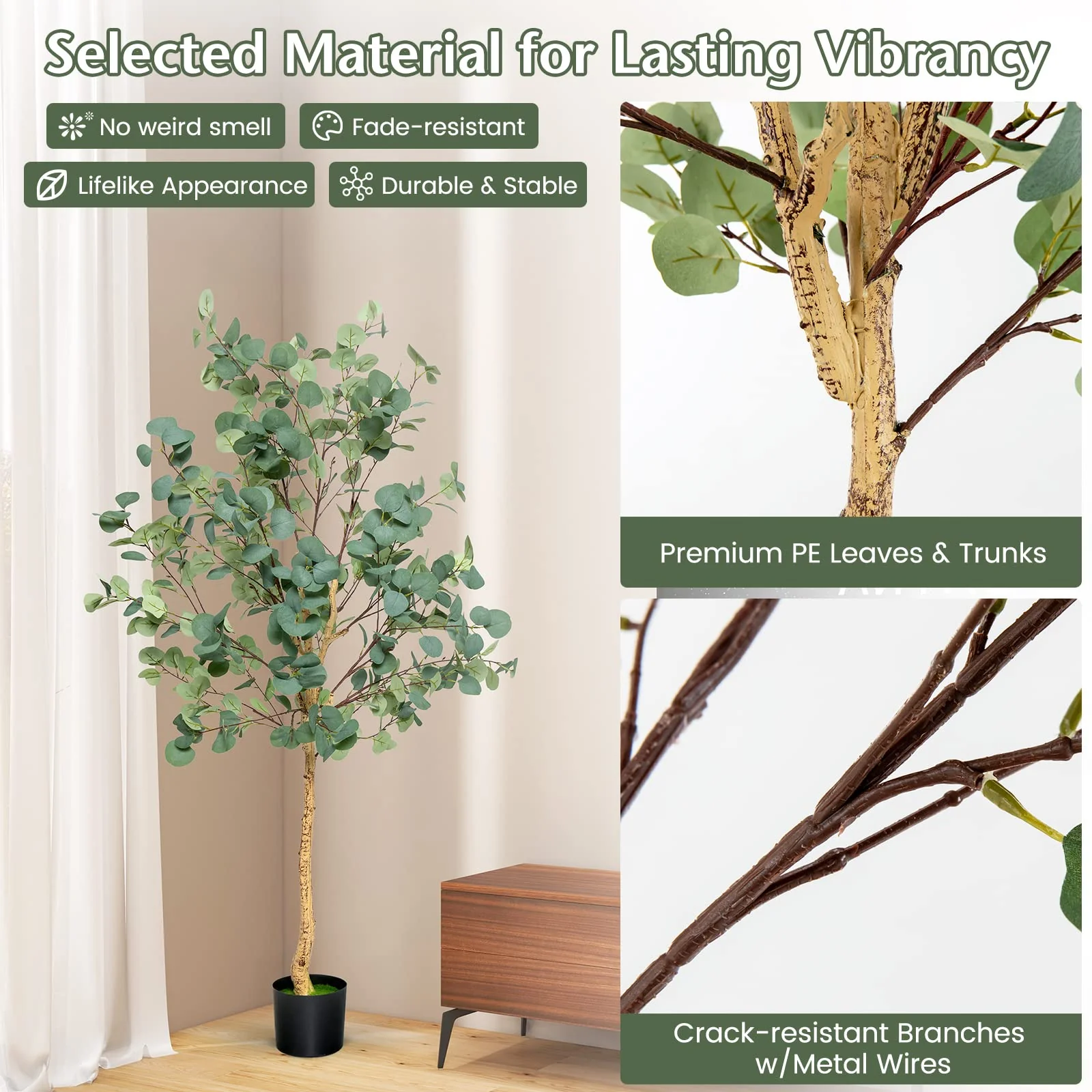 Goplus 5.5ft Artificial Eucalyptus Tree, Tall Faux Eucalyptus Stems Fake Plants in Pot with 517 Silver Dollar Leaves - Image 4