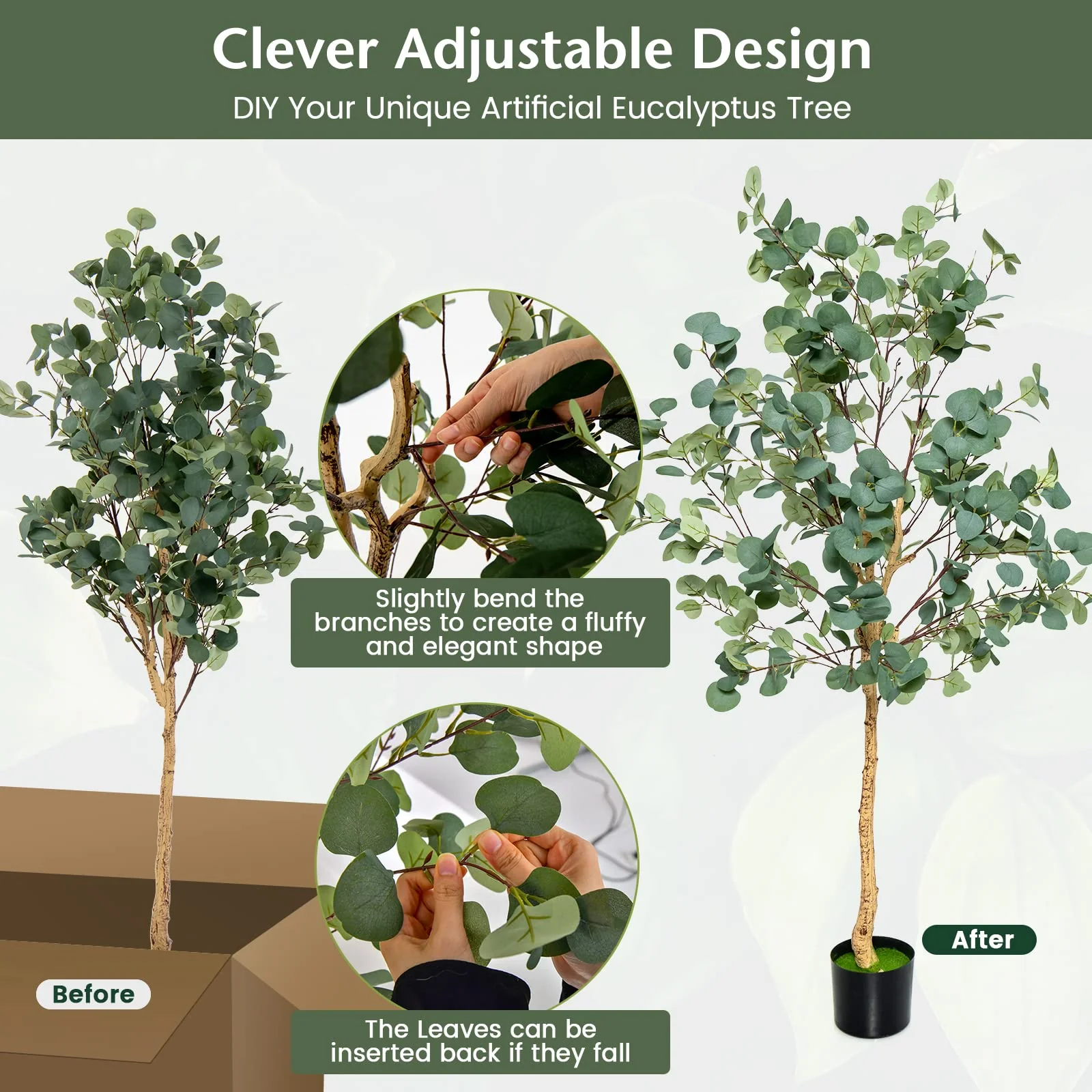 Goplus 5.5ft Artificial Eucalyptus Tree, Tall Faux Eucalyptus Stems Fake Plants in Pot with 517 Silver Dollar Leaves - Image 5