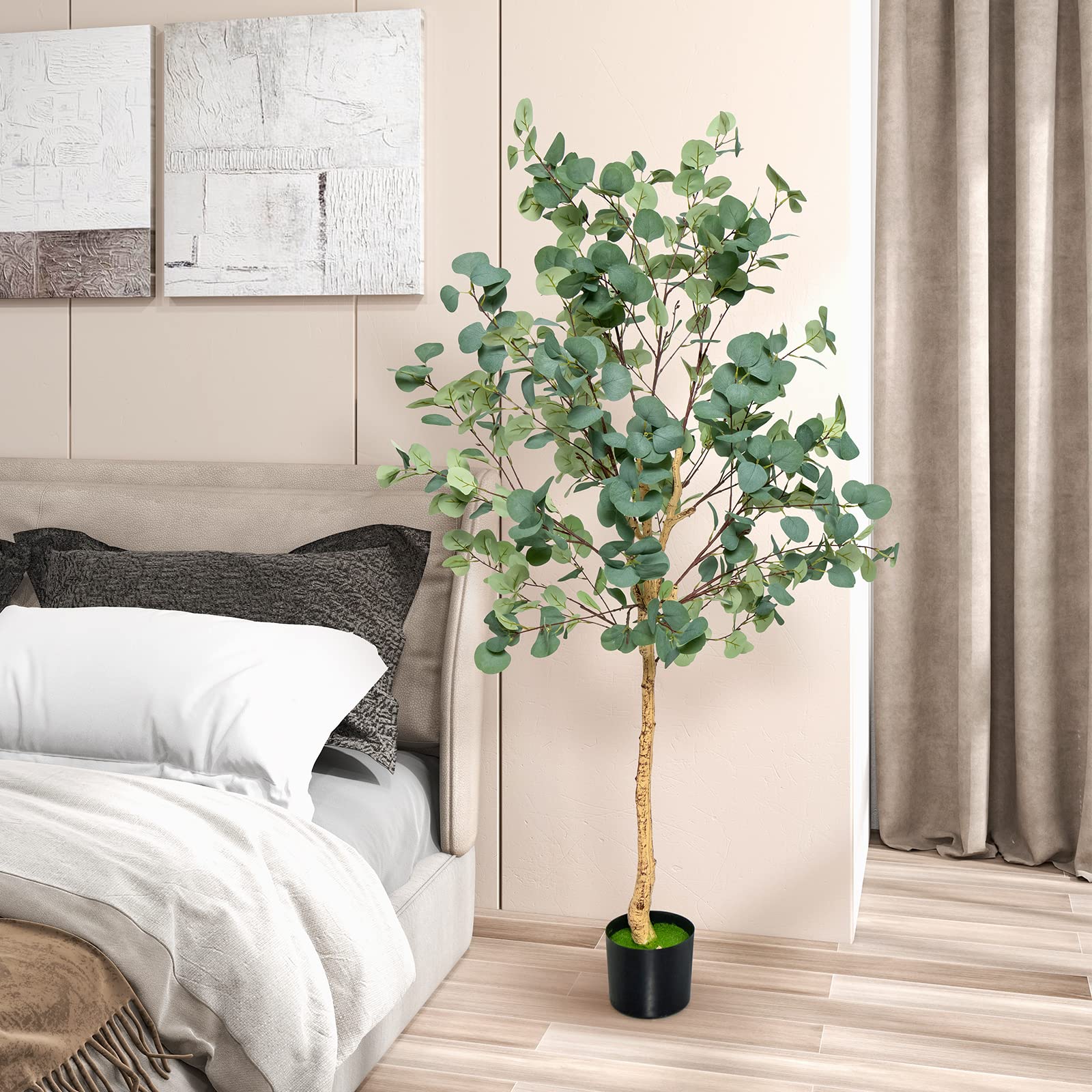 Goplus 5.5ft Artificial Eucalyptus Tree, Tall Faux Eucalyptus Stems Fake Plants in Pot with 517 Silver Dollar Leaves - Image 8