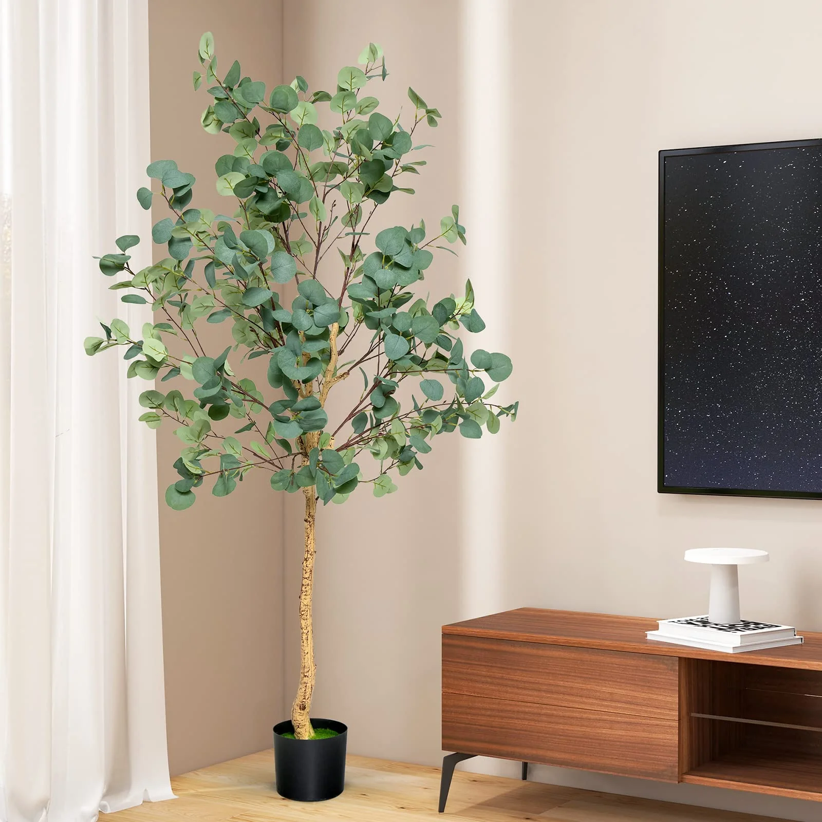 Goplus 5.5ft Artificial Eucalyptus Tree, Tall Faux Eucalyptus Stems Fake Plants in Pot with 517 Silver Dollar Leaves - Image 9