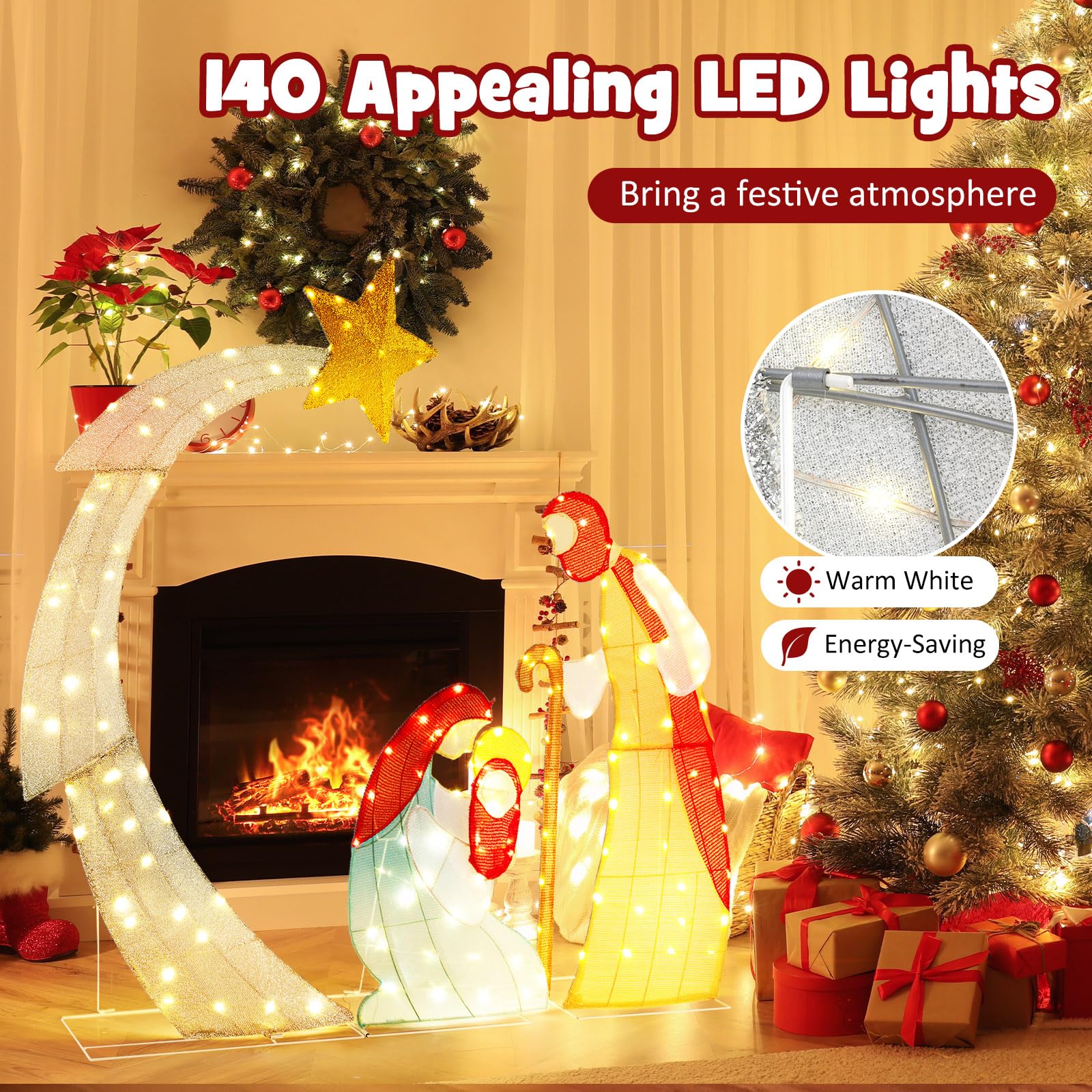 Goplus 5 FT Christmas Nativity Set, Pre-Lit Nativity Scene w/ 140 Warm White LED Lights - Image 3