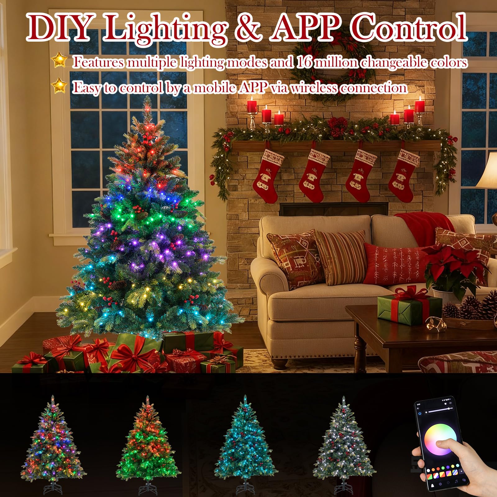 Goplus Smart Pre-Lit Artificial Christmas Tree with Remote Control APP-Controlled Multicolored RGB Lights - Image 2