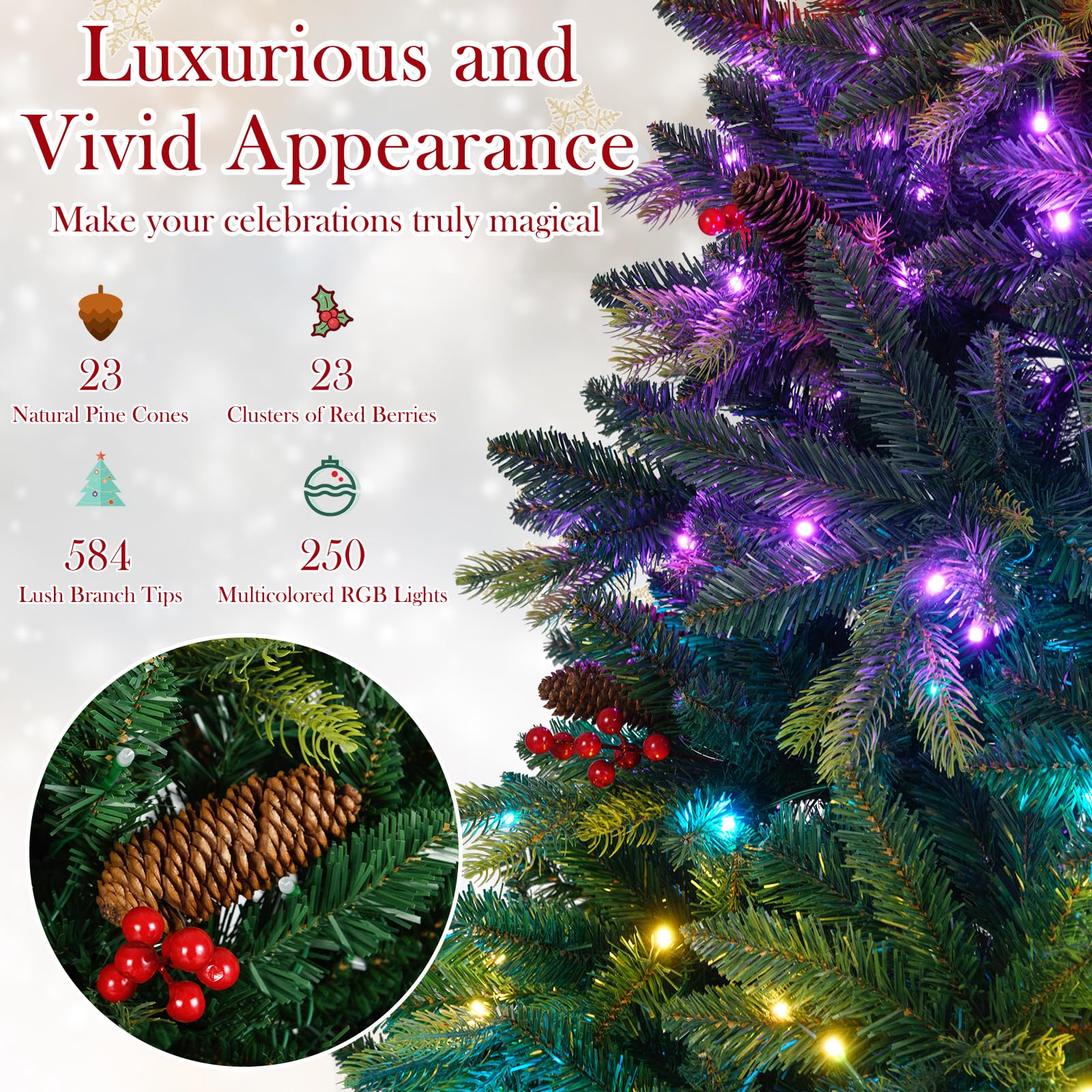 Goplus Smart Pre-Lit Artificial Christmas Tree with Remote Control APP-Controlled Multicolored RGB Lights - Image 4