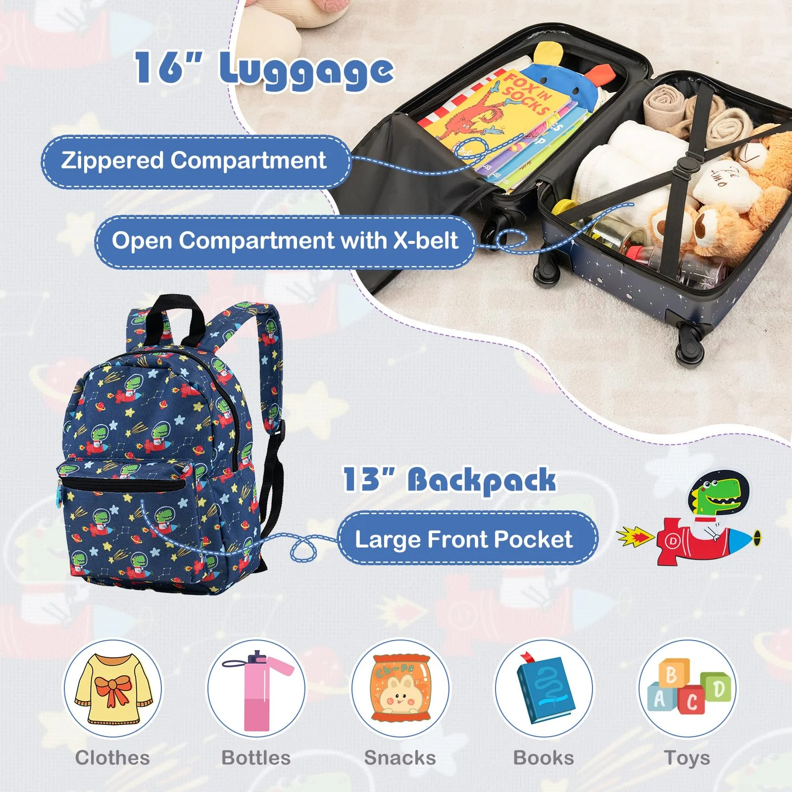 Goplus 5 Piece Kid’s Luggage Set, 15” Carry on Suitcase w/13” Backpack, Neck Pillow, Lunch Bag - Image 4