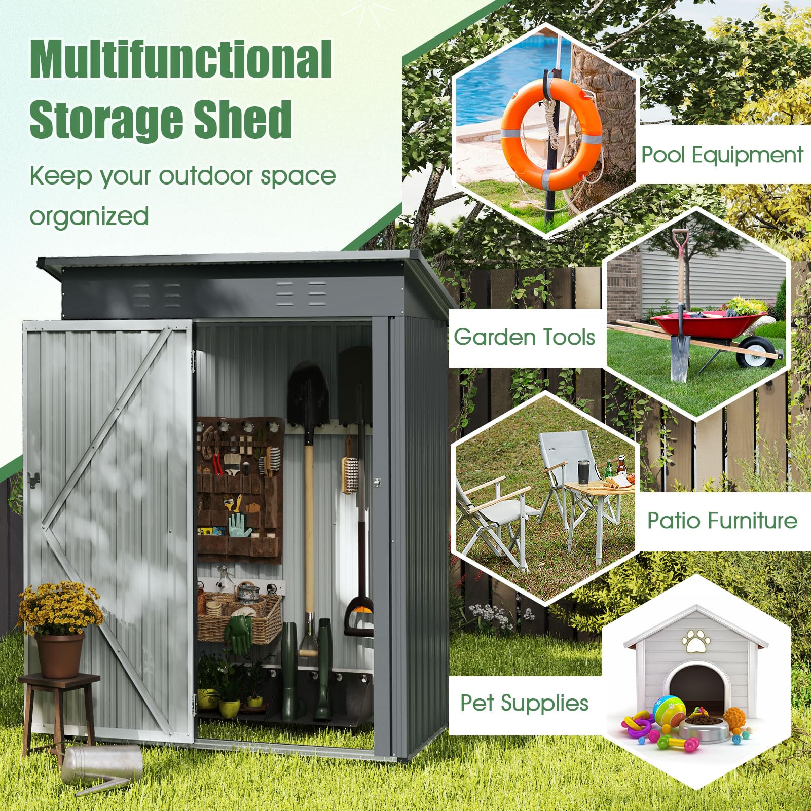 Goplus 5 x 3 FT Outdoor Storage Shed, Galvanized Metal Tool House w/Sloped Roof, 2 Vents, Lockable Door - Image 2