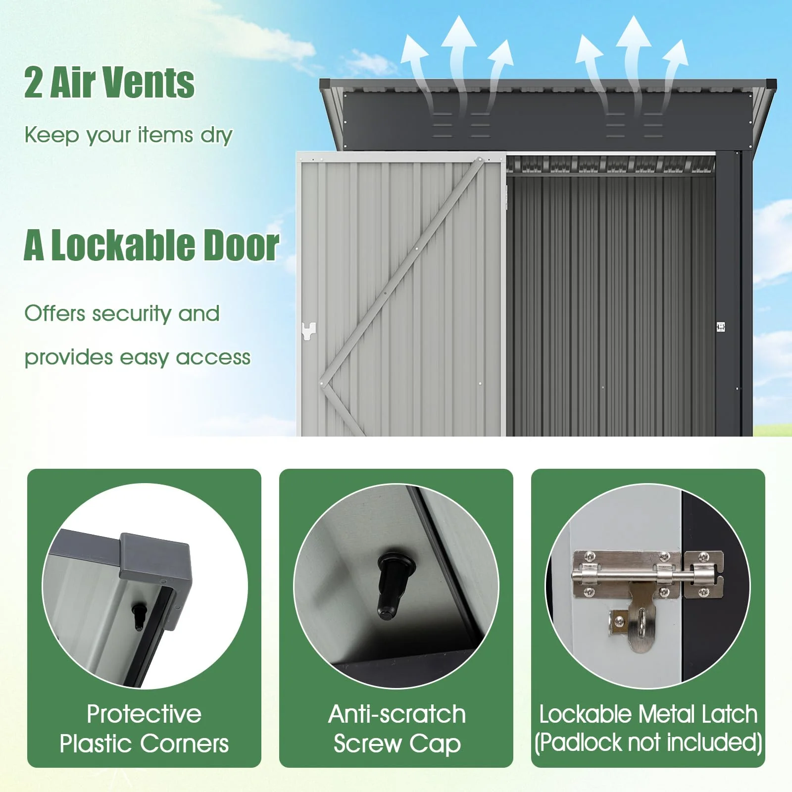Goplus 5 x 3 FT Outdoor Storage Shed, Galvanized Metal Tool House w/Sloped Roof, 2 Vents, Lockable Door - Image 4