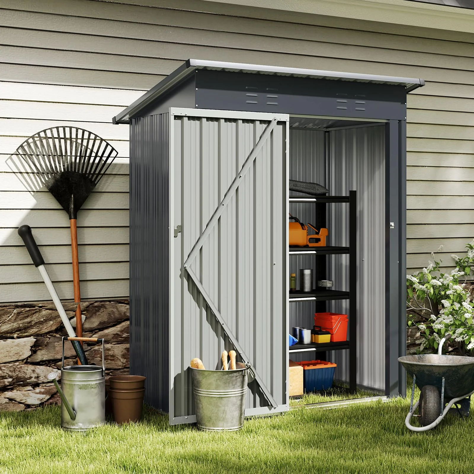 Goplus 5 x 3 FT Outdoor Storage Shed, Galvanized Metal Tool House w/Sloped Roof, 2 Vents, Lockable Door - Image 7