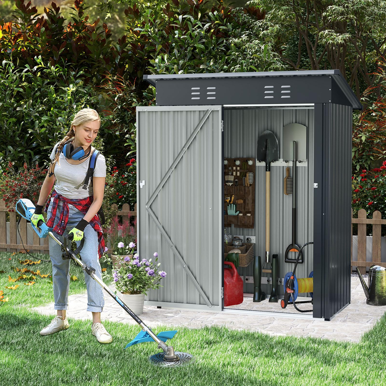 Goplus 5 x 3 FT Outdoor Storage Shed, Galvanized Metal Tool House w/Sloped Roof, 2 Vents, Lockable Door - Image 8