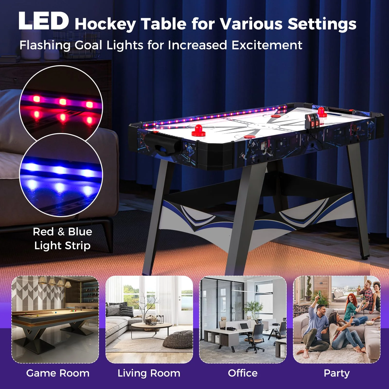 Goplus 54" Air Hockey Table, Hockey Game Table w/LED Scoreboard, Lights, 2 Pucks, 2 Pushers - Image 4