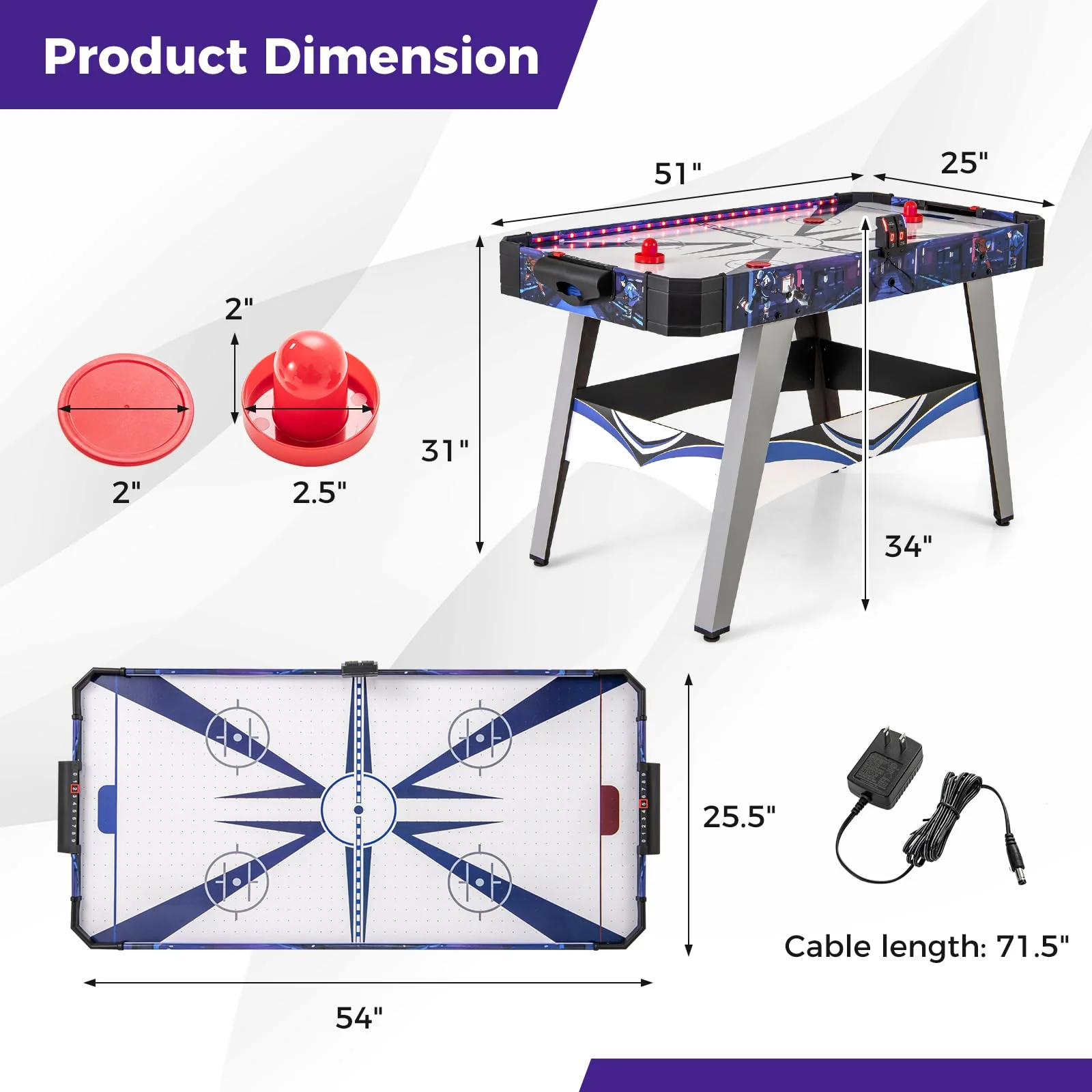 Goplus 54" Air Hockey Table, Hockey Game Table w/LED Scoreboard, Lights, 2 Pucks, 2 Pushers - Image 7