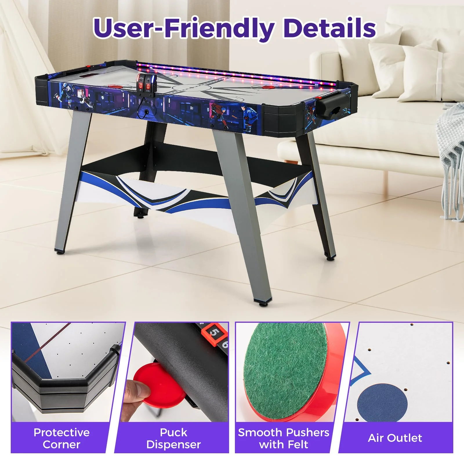 Goplus 54" Air Hockey Table, Hockey Game Table w/LED Scoreboard, Lights, 2 Pucks, 2 Pushers - Image 8