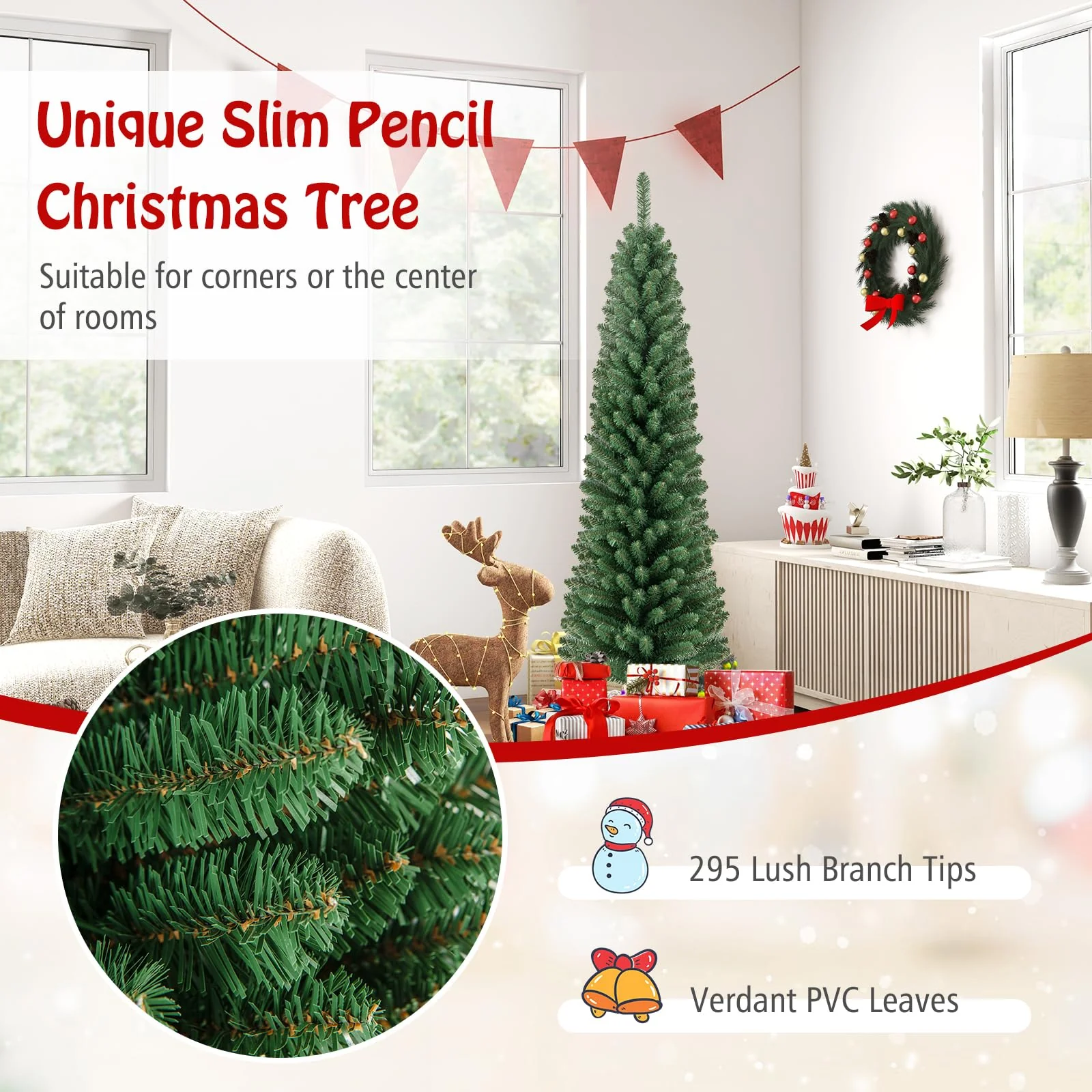 Goplus 5ft / 6ft / 7ft / 8ft Artificial Skinny Xmas Tree with Quick Shape Technology - Image 4