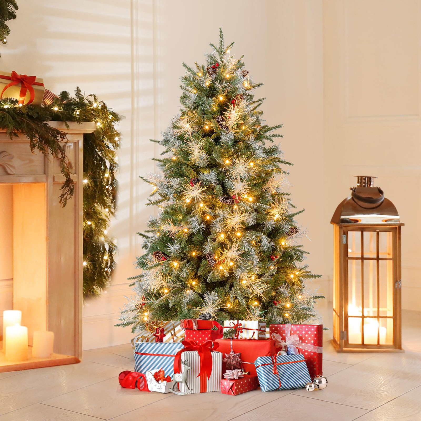 Goplus 5FT / 6FT / 7FT Pre-Lit Artificial Christmas Tree with LED Lights Pine Cones Berries - Image 10