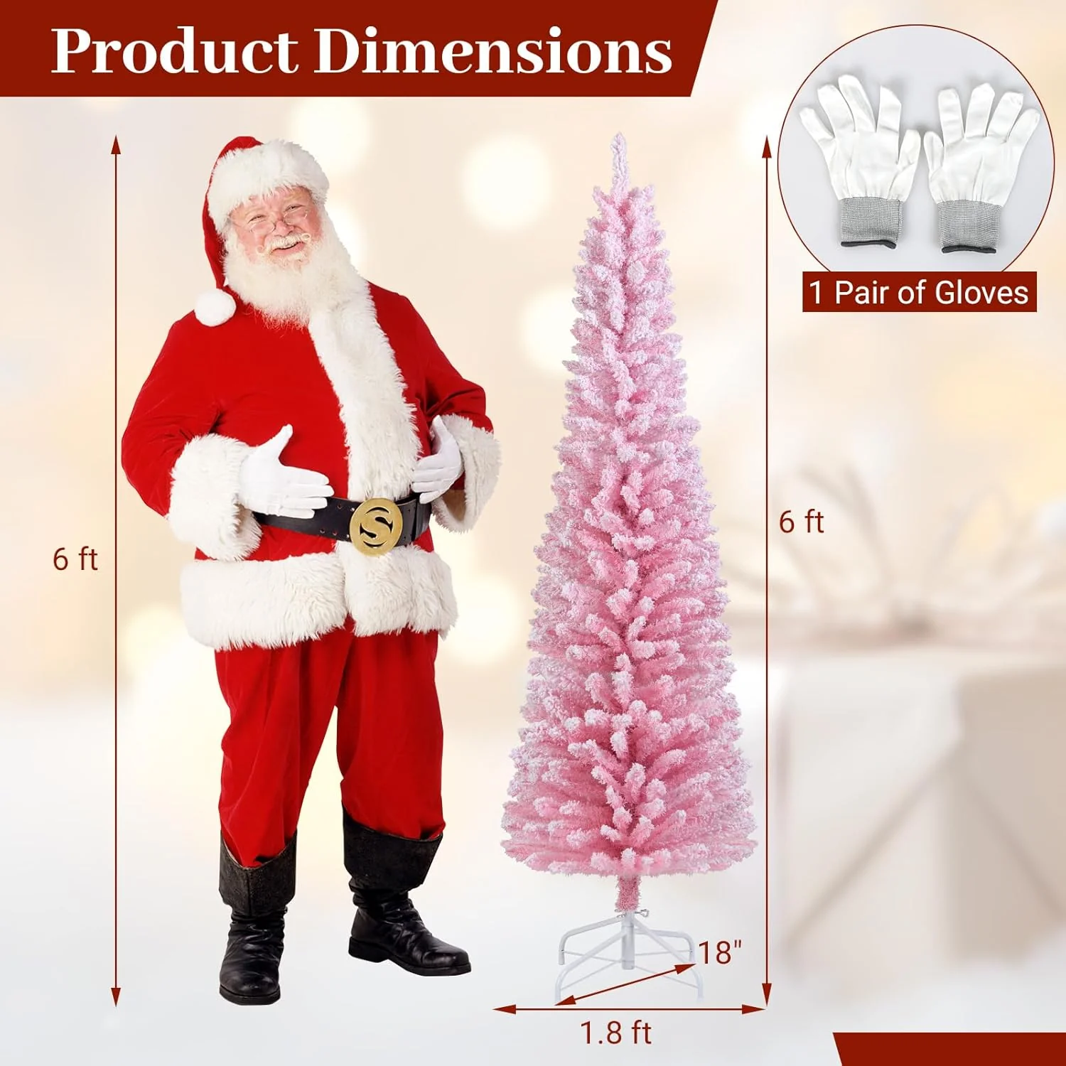 Goplus 5ft / 6ft Pink Slim Pencil Christmas Tree | Snow Flocked Skinny Xmas Full Tree - Image 10