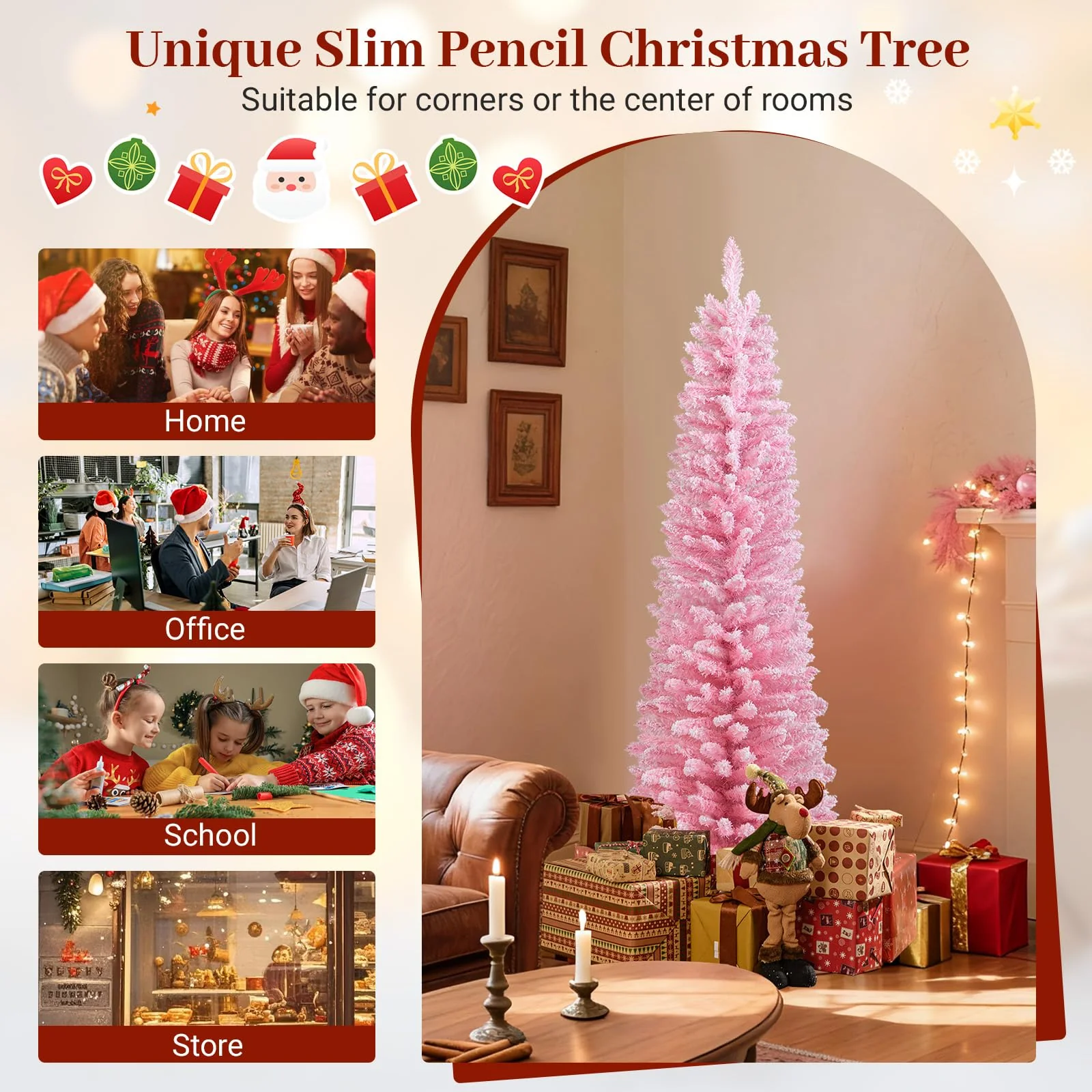 Goplus 5ft / 6ft Pink Slim Pencil Christmas Tree | Snow Flocked Skinny Xmas Full Tree - Image 6