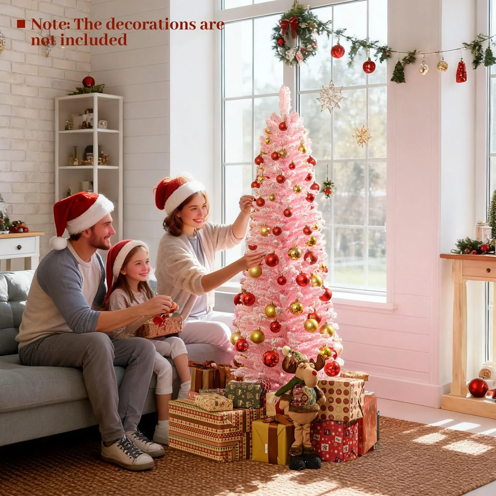 Goplus 5ft / 6ft Pink Slim Pencil Christmas Tree | Snow Flocked Skinny Xmas Full Tree - Image 8