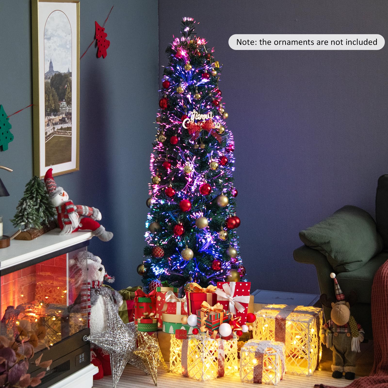 Goplus 5ft Fiber Optic Pencil Christmas Tree Xmas Full Tree for Home Office Holiday Decor - Image 2