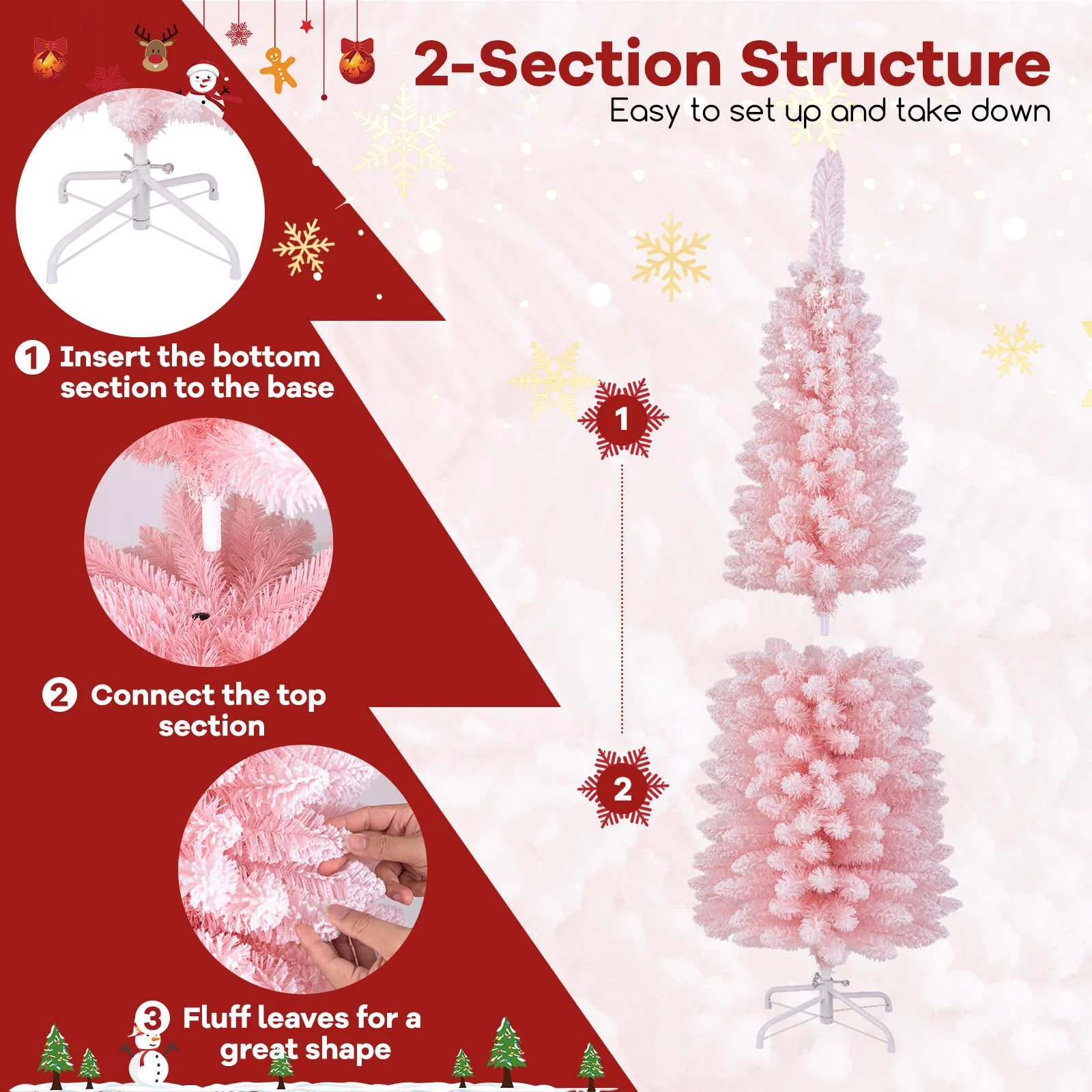 Goplus 5ft Pink Slim Pencil Christmas Tree, Artificial Unlit Skinny Xmas Full Tree with 328 Branch Tips - Image 3