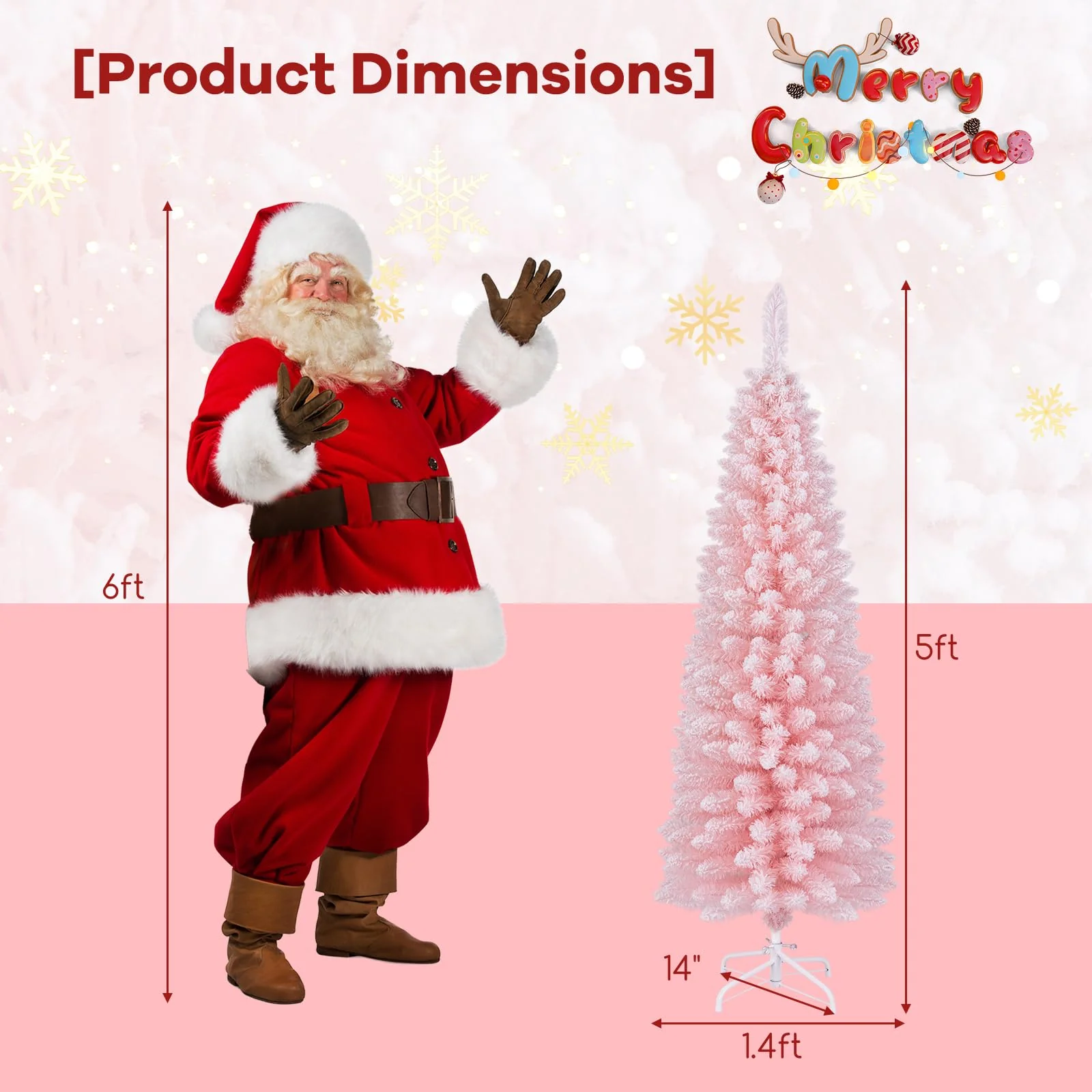 Goplus 5ft Pink Slim Pencil Christmas Tree, Artificial Unlit Skinny Xmas Full Tree with 328 Branch Tips - Image 6