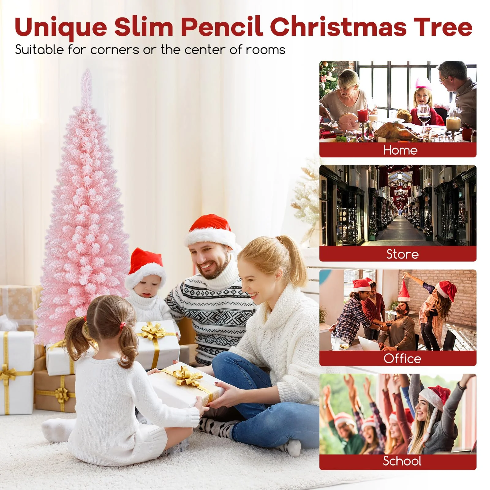 Goplus 5ft Pink Slim Pencil Christmas Tree, Artificial Unlit Skinny Xmas Full Tree with 328 Branch Tips - Image 7