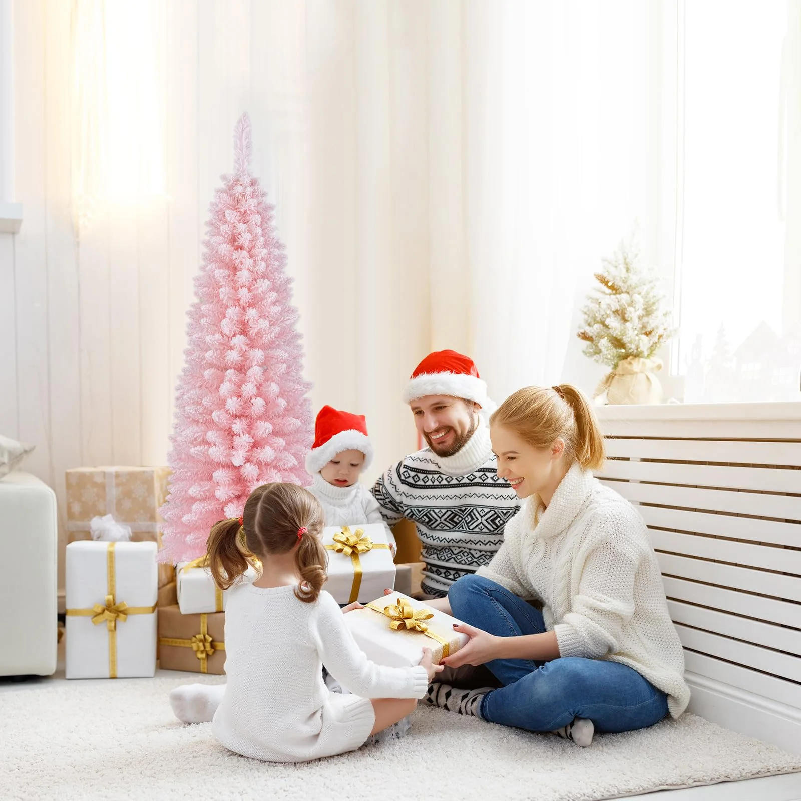 Goplus 5ft Pink Slim Pencil Christmas Tree, Artificial Unlit Skinny Xmas Full Tree with 328 Branch Tips - Image 9