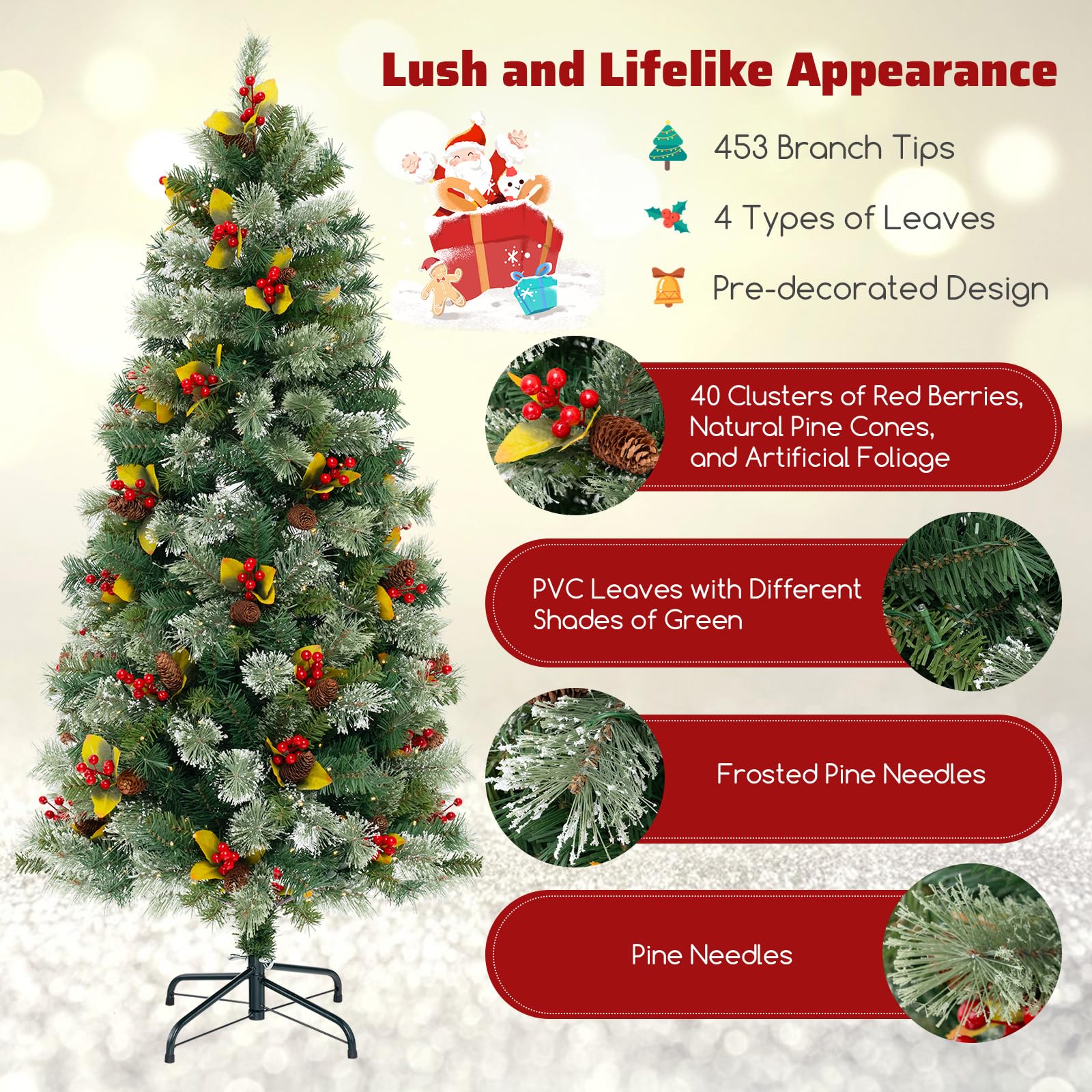 Goplus 5ft Pre-Lit Artificial Christmas Tree, Hinged Xmas Tree with 453 PVC & Pine Needles - Image 3